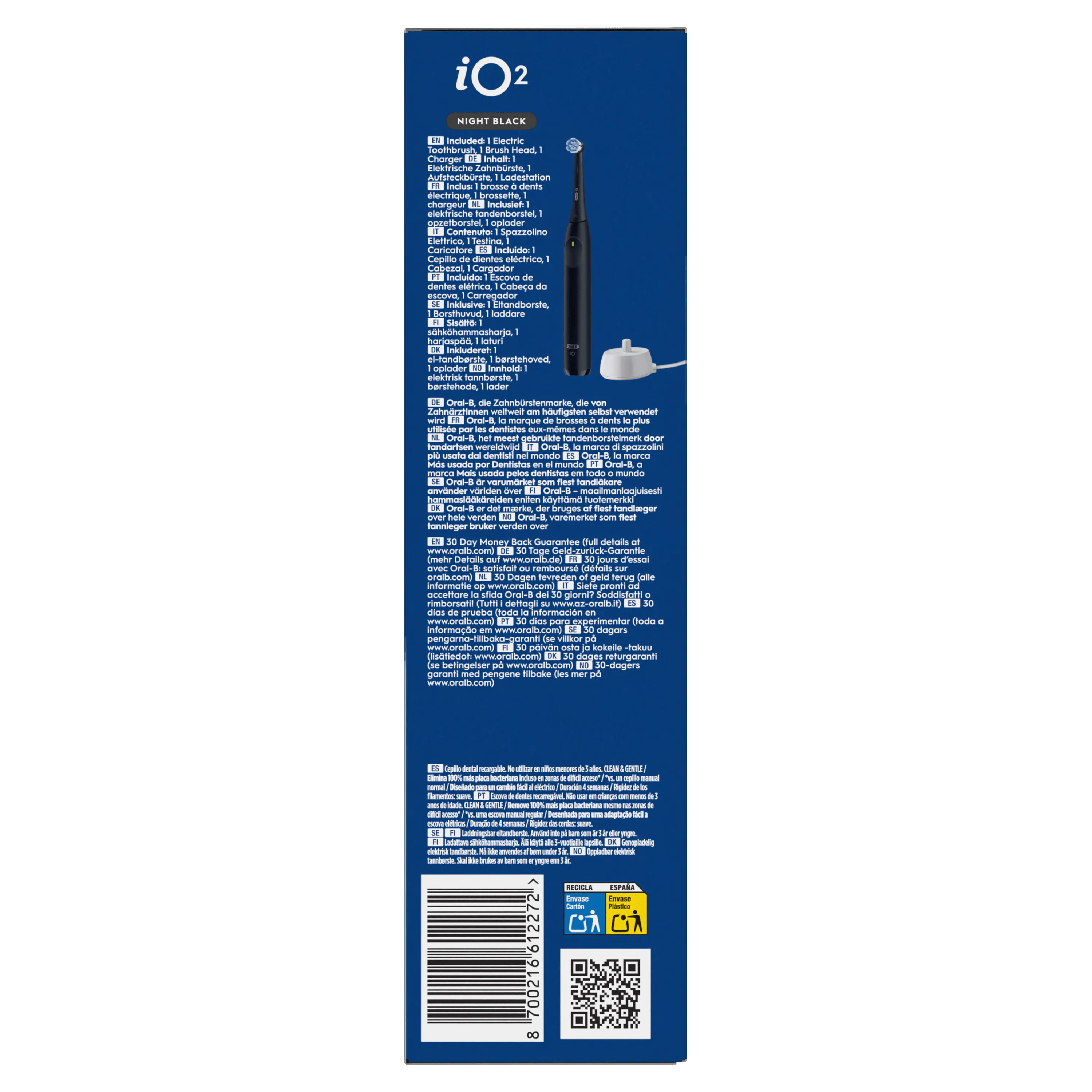 Oral-B iO2 Night Black, incluant une brosse à dents électrique, une brossette et un chargeur.