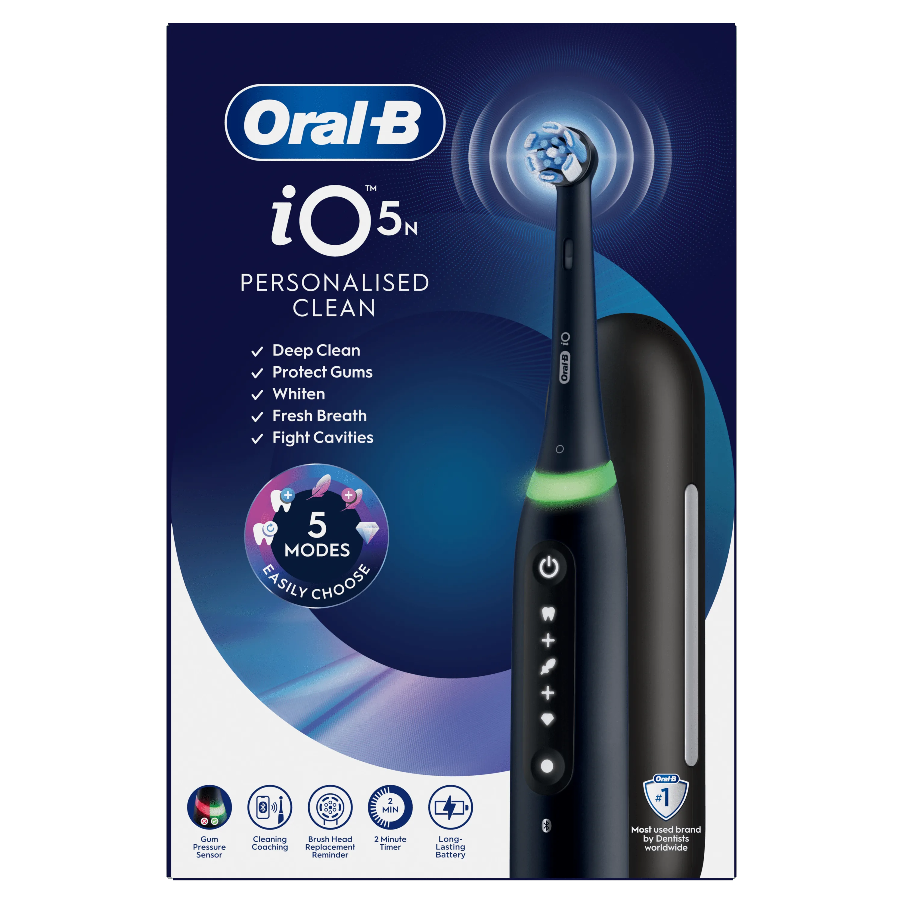 Oral-B iO5N, emballage soulignant un brossage personnalisé et 5 modes de brossage faciles à choisir.