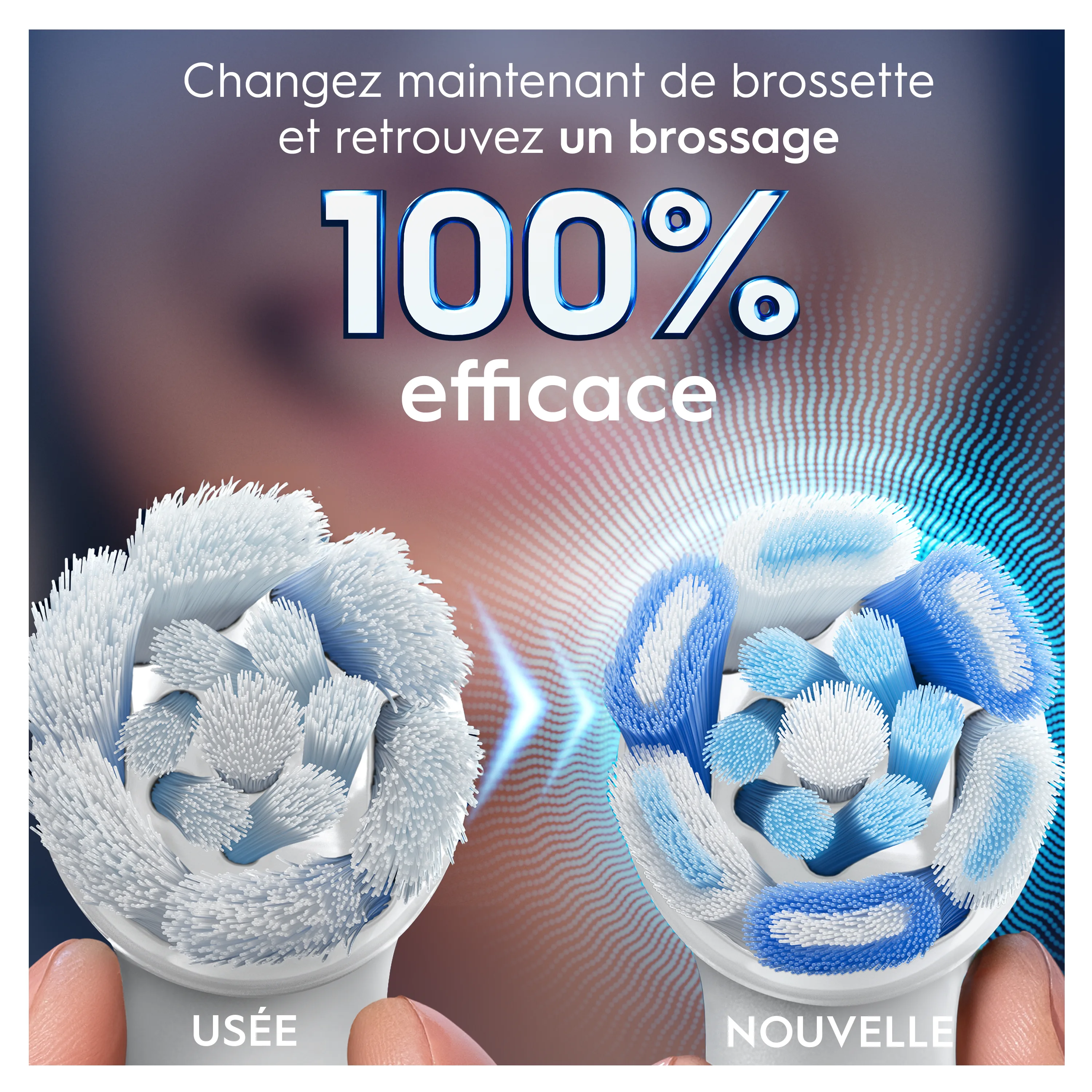 Une brosse à dents Oral-B usagée comparée à une brosse neuve, soulignant un brossage 100% efficace après le remplacement.