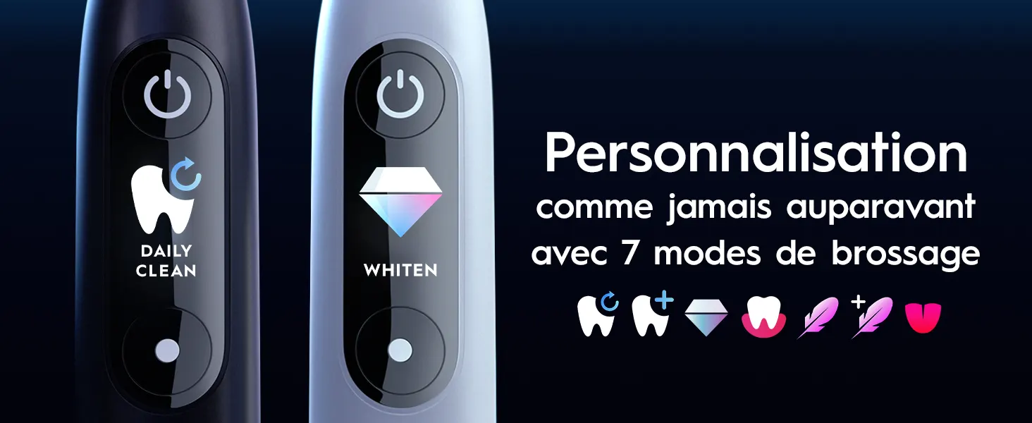 Écran de la brosse Oral‑B iO 9 affichant différents modes de brossage. 