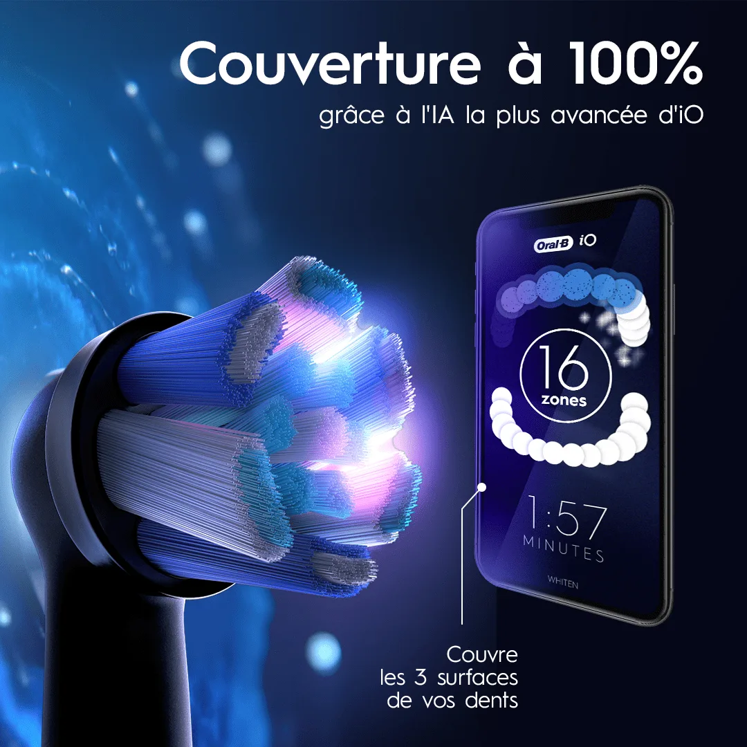 La brosse Oral-B iO offre une couverture à 100% grâce à l'IA, affichée sur un smartphone avec suivi de 16 zones.