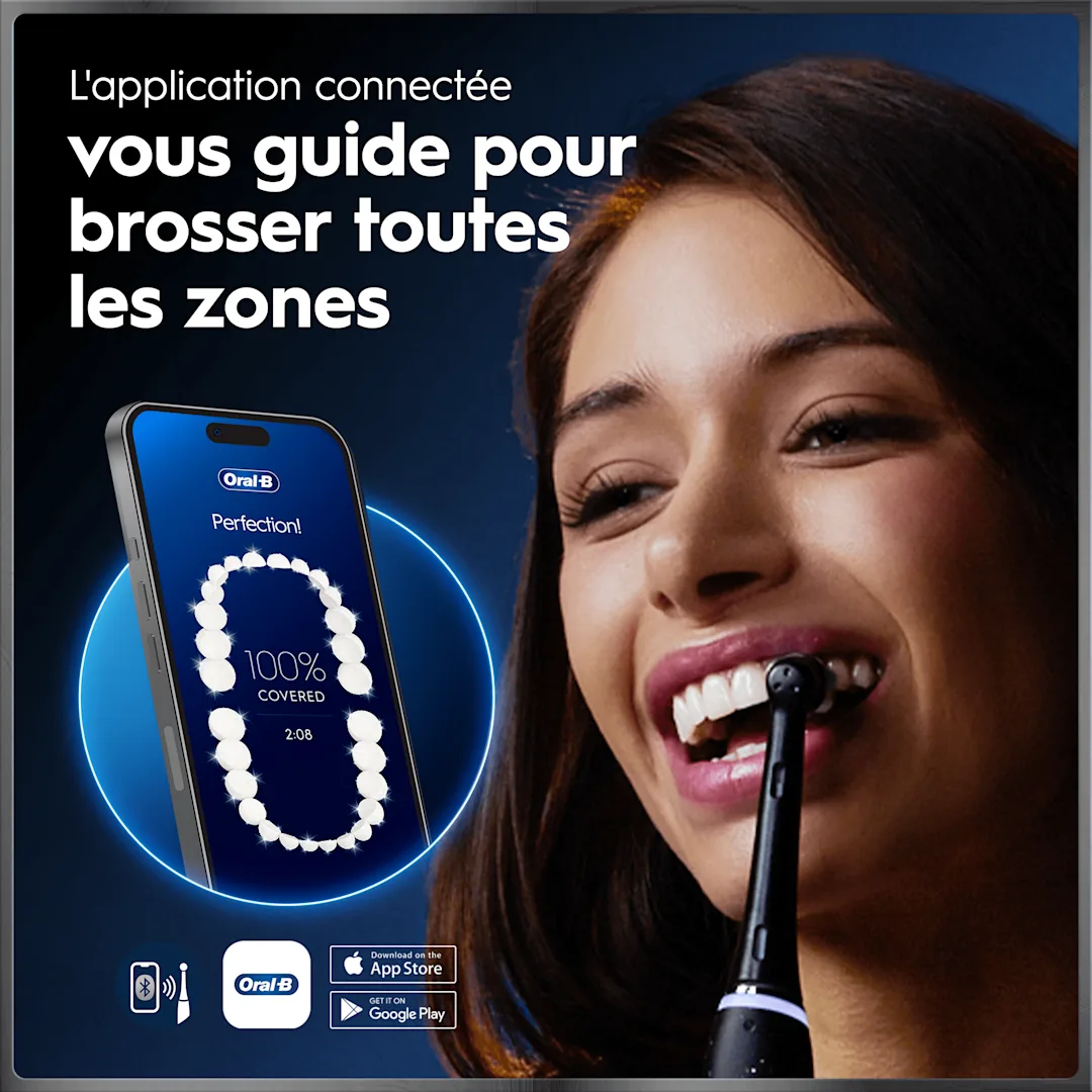 App Oral-B: suivi du brossage sur smartphone avec indicateur 100% pour un nettoyage complet.
