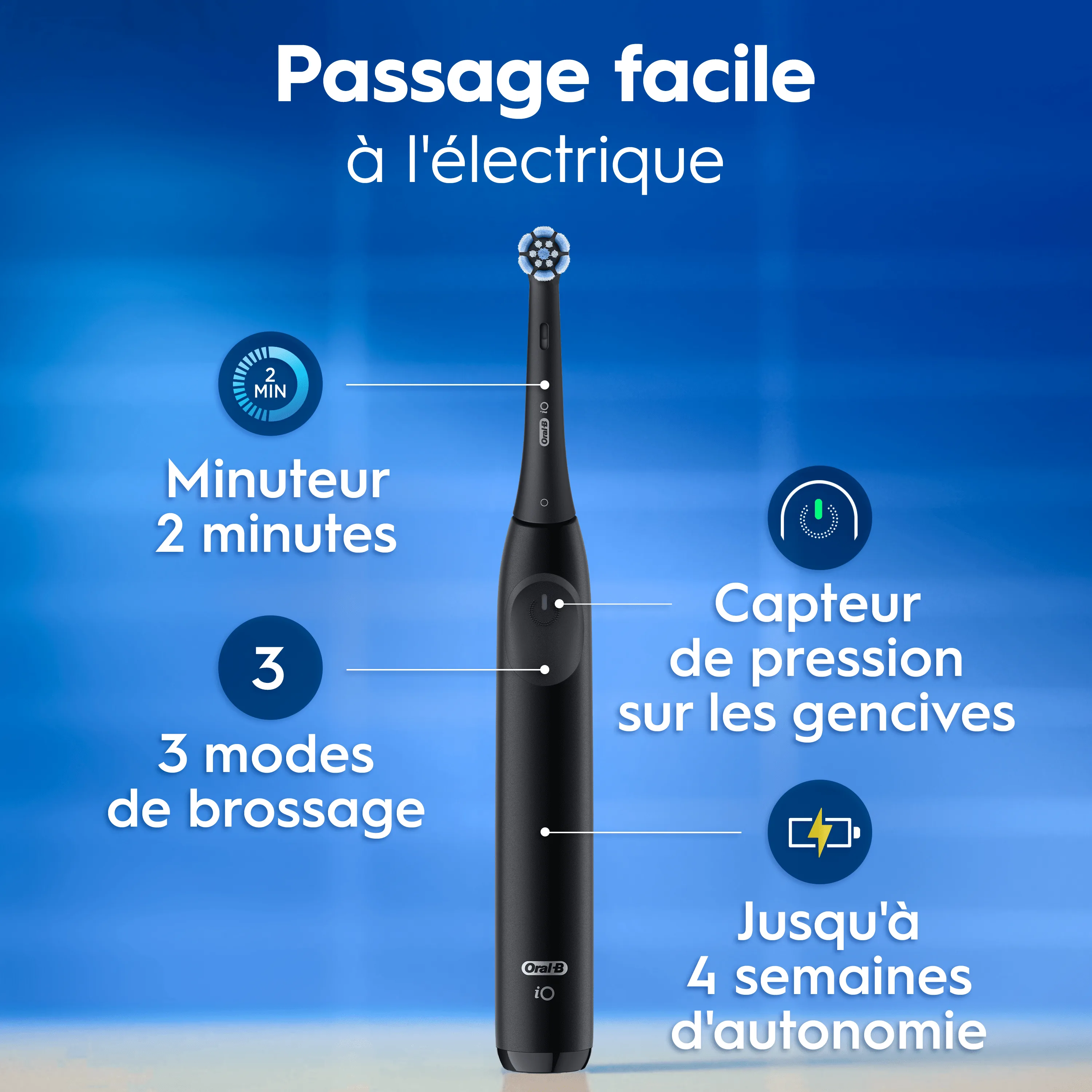 Oral-B iO brosse à dents électrique présentant ses fonctionnalités.