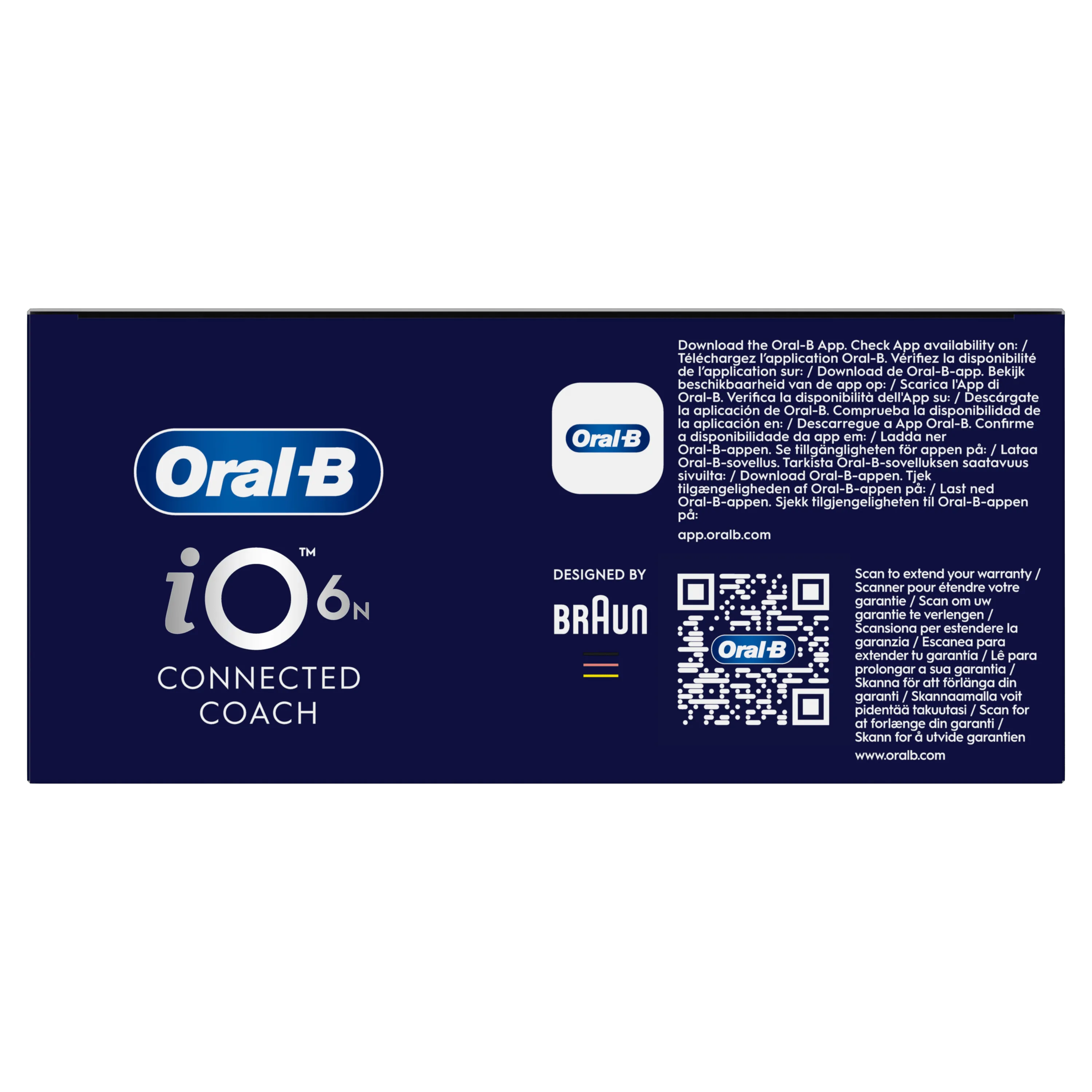 Oral-B iO 6N Connected Coach, emballage mettant en avant le téléchargement de l’application Oral-B pour étendre la garantie.