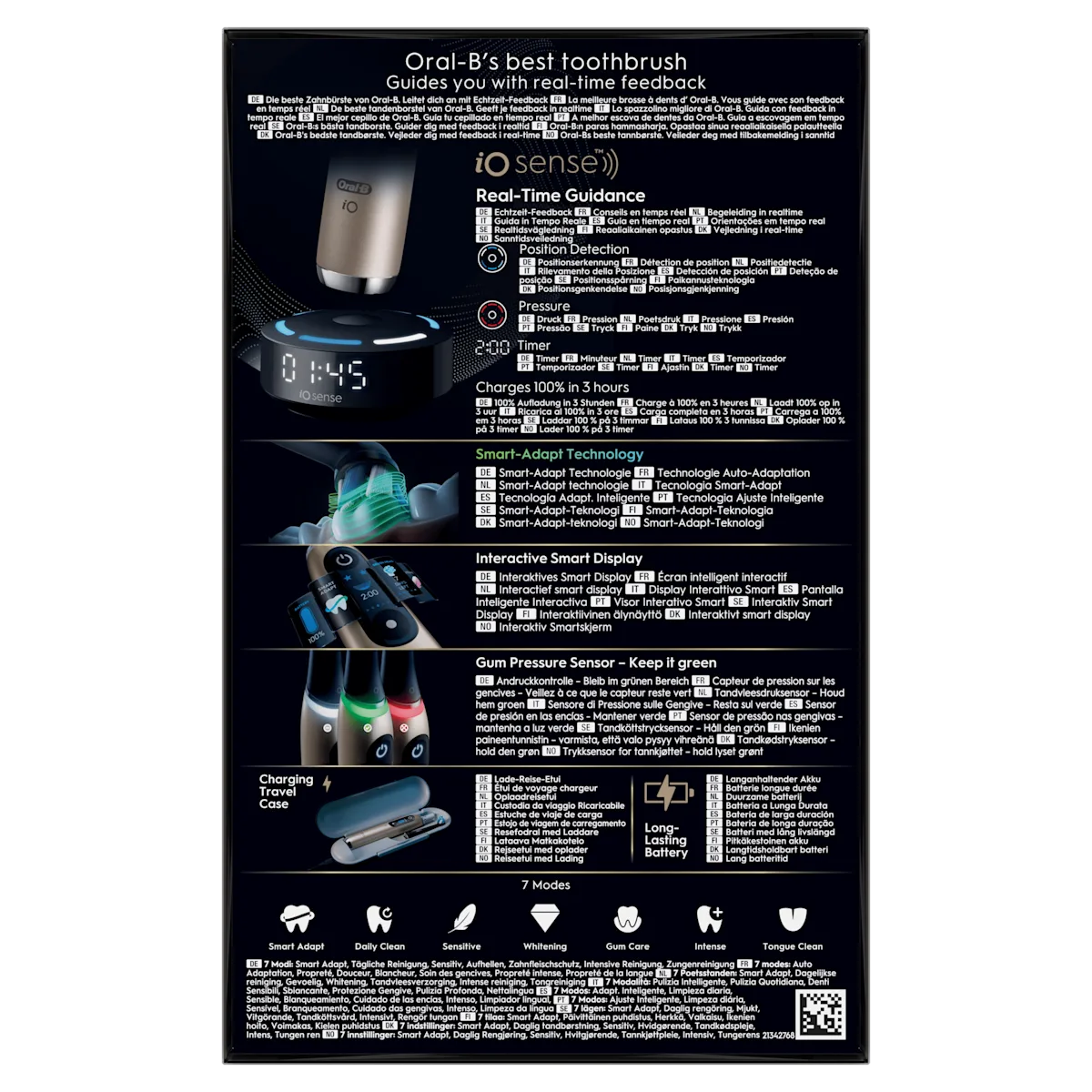 Brosse à dents Oral-B iO Sense, guidant l'utilisateur avec un retour d'information en temps réel.