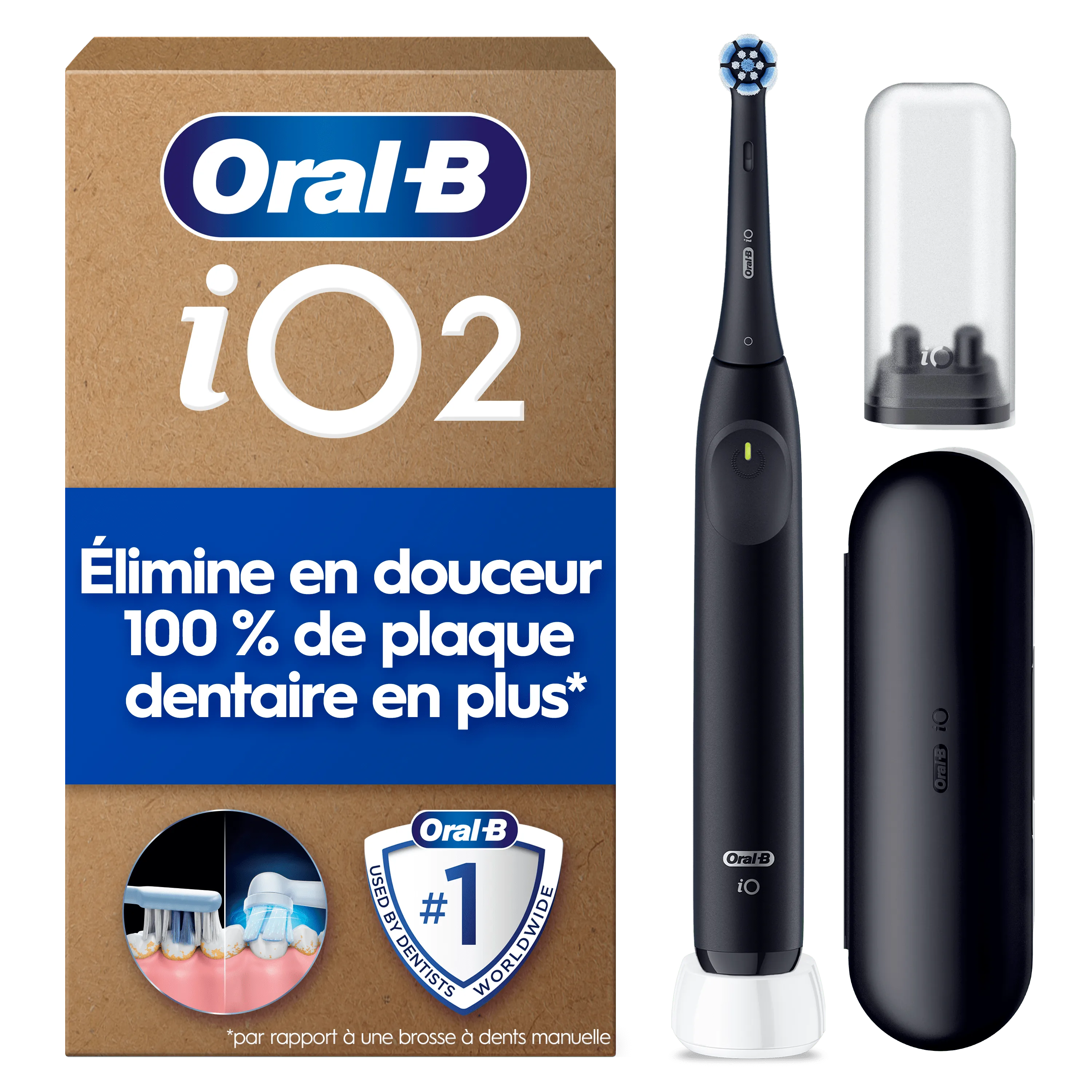 Brosse à dents Oral-B iO2 noire avec emballage mettant en avant l élimination de 100% de plaque dentaire en plus.