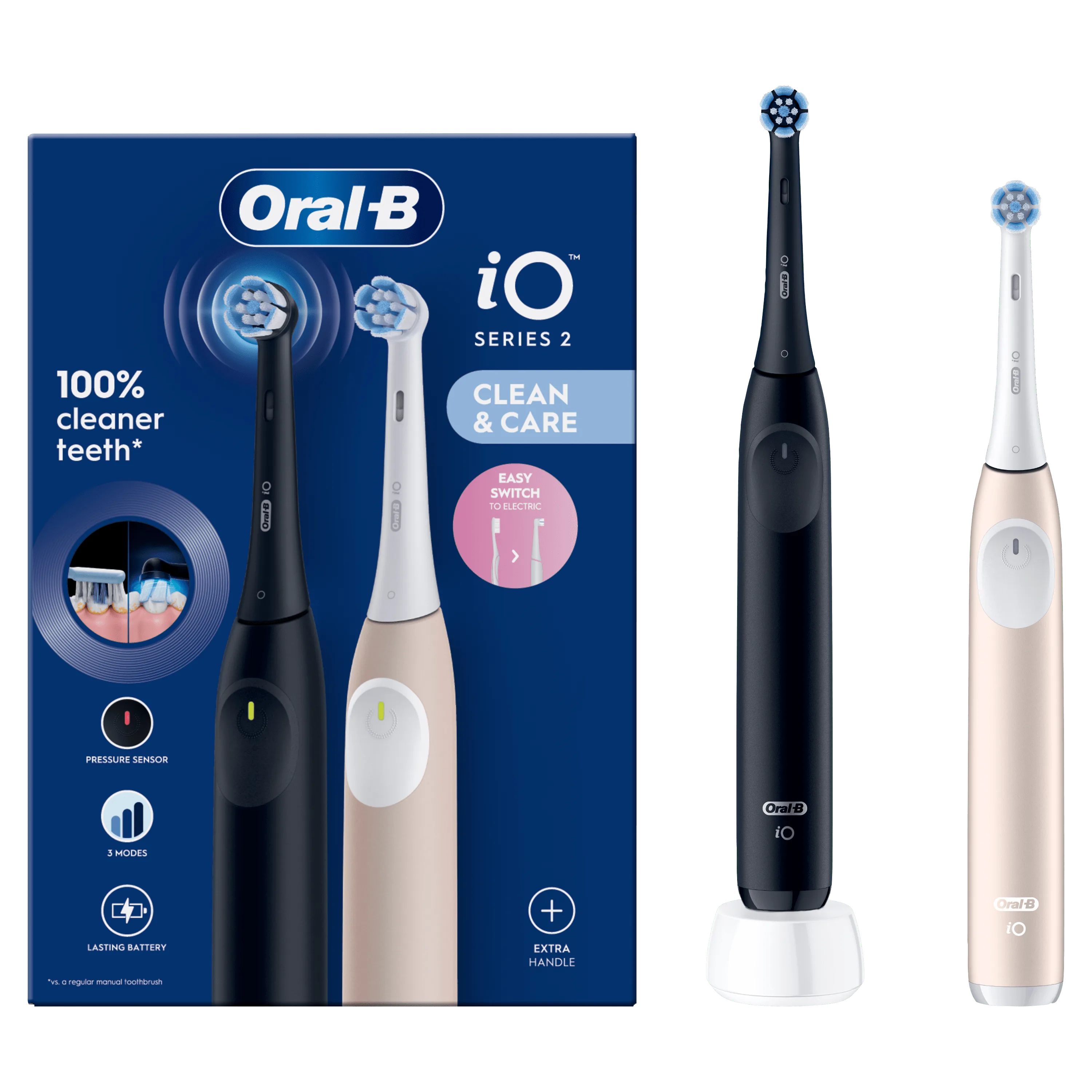 Oral-B iO Series 2, affichant l'emballage avec la mention "100% dents plus propres" et les brosses à dents en noir et rose.