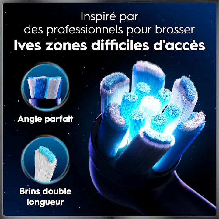 Brosse à dents spéciale aux brins bleus et blancs de double longueur et angle optimisé pour zones difficiles d'accès.