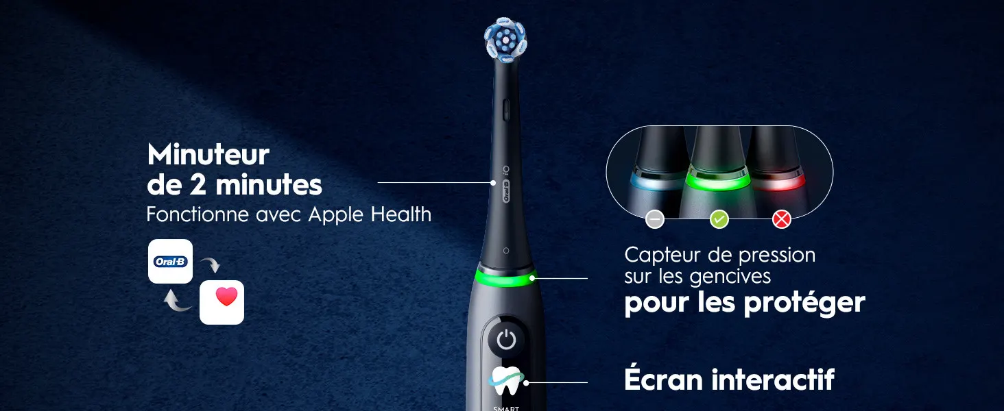 Brosse à dents électrique: minuteur, capteur de pression, écran interactif, compatible Apple Health
