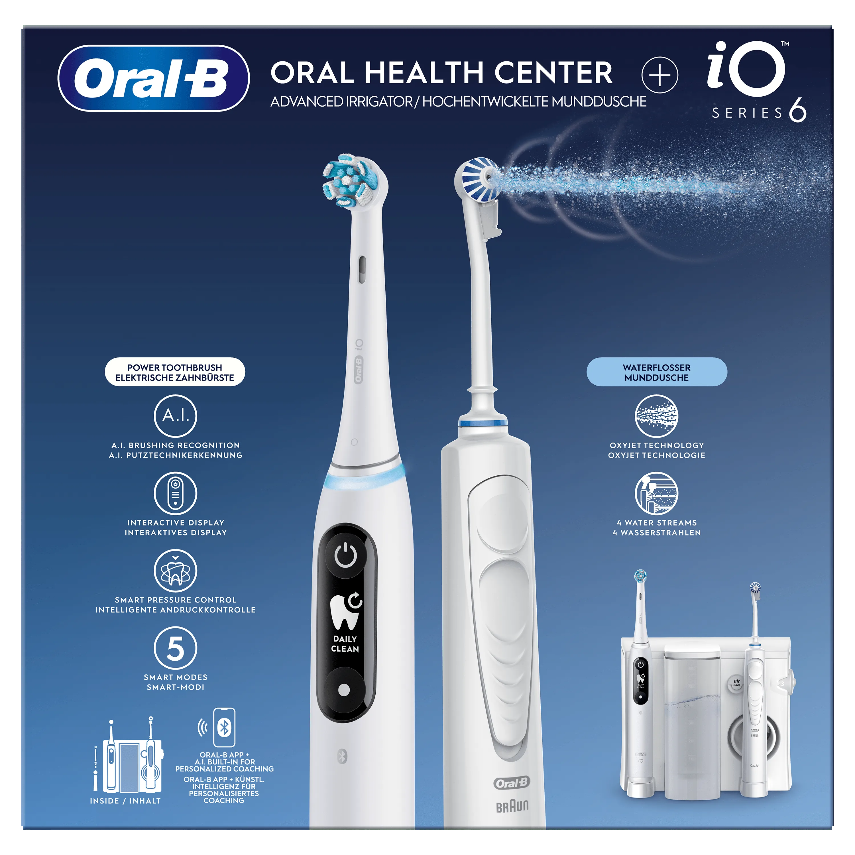 Oral-B Oral Health Center avec brosse à dents iO Series 6 et hydropulseur, mettant en avant la technologie Oxyjet.