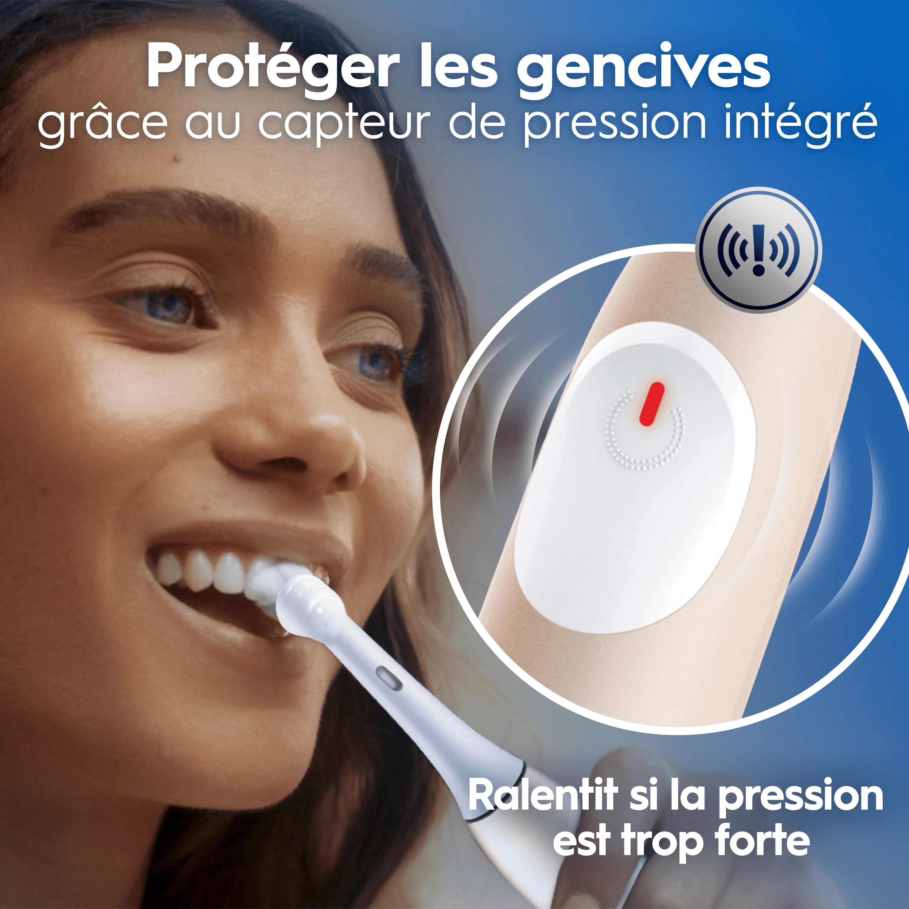 Brosse à dents avec capteur de pression intégré qui ralentit automatiquement pour protéger les gencives quand on brosse trop fort.