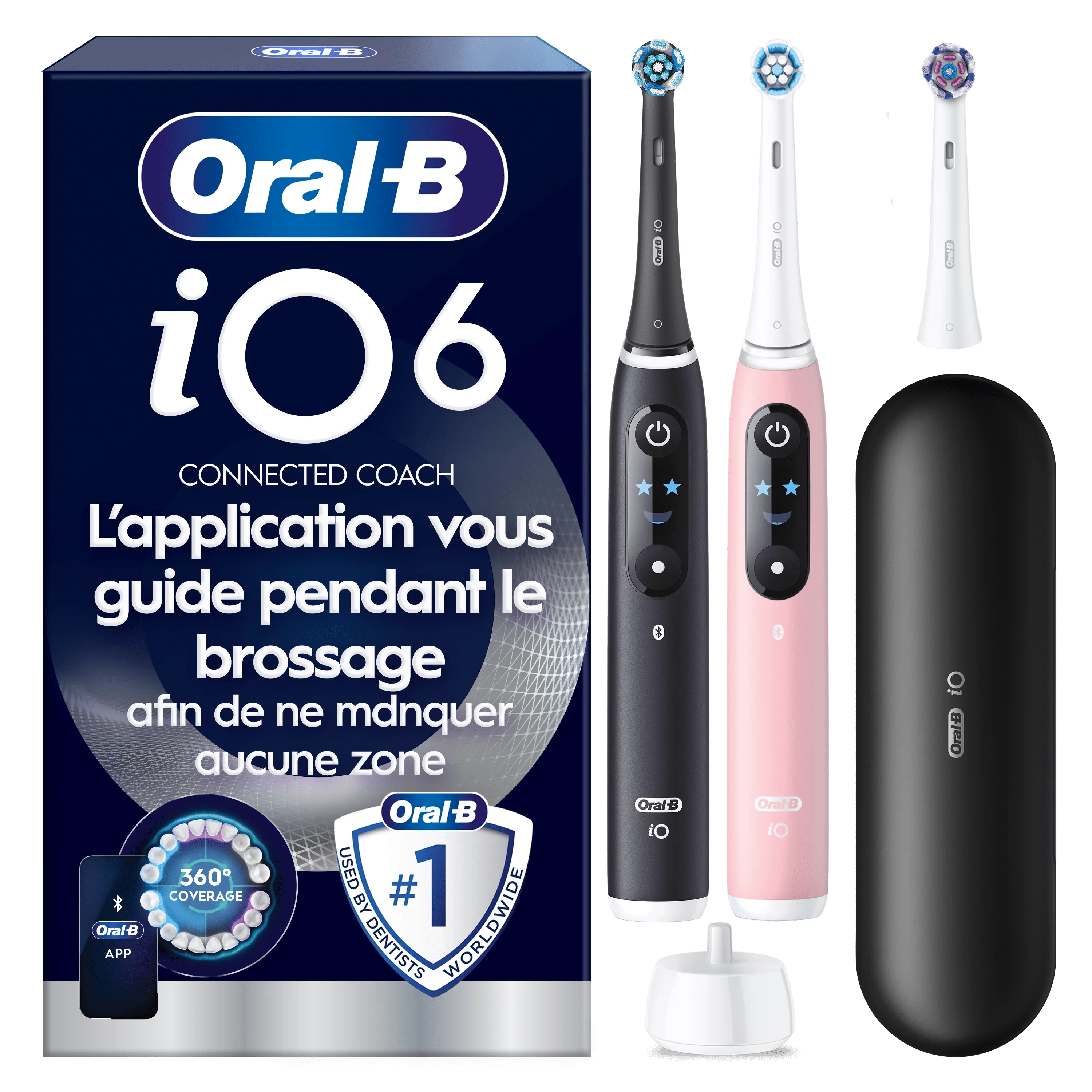 Brosse À Dents Électrique Oral-B iO6, Lot De 2, Noire et Rose, 3 brossettes, Étui De Voyage Premium
