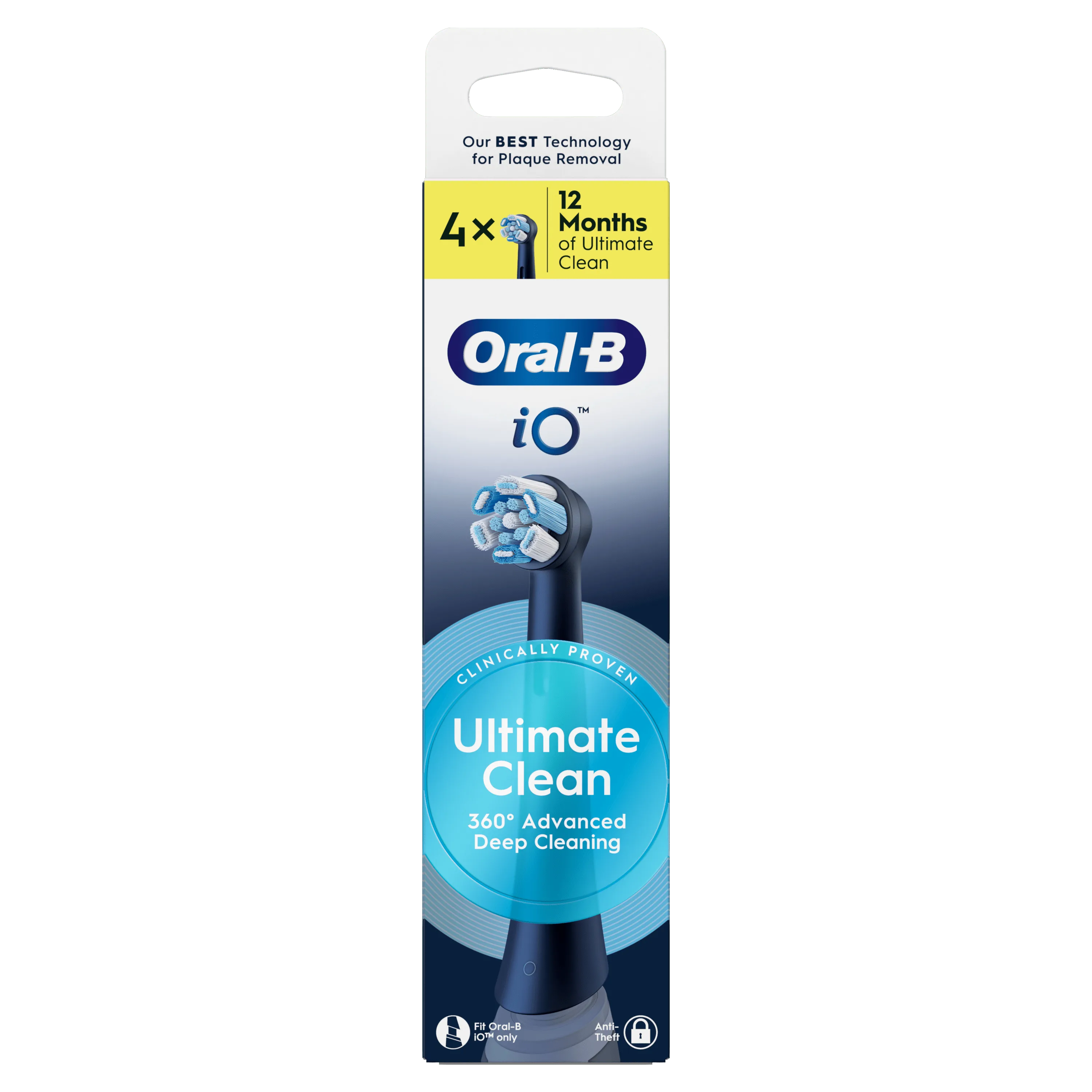 Oral-B iO, pack de 4 brossettes de remplacement Ultimate Clean, promettant 12 mois de nettoyage ultime.