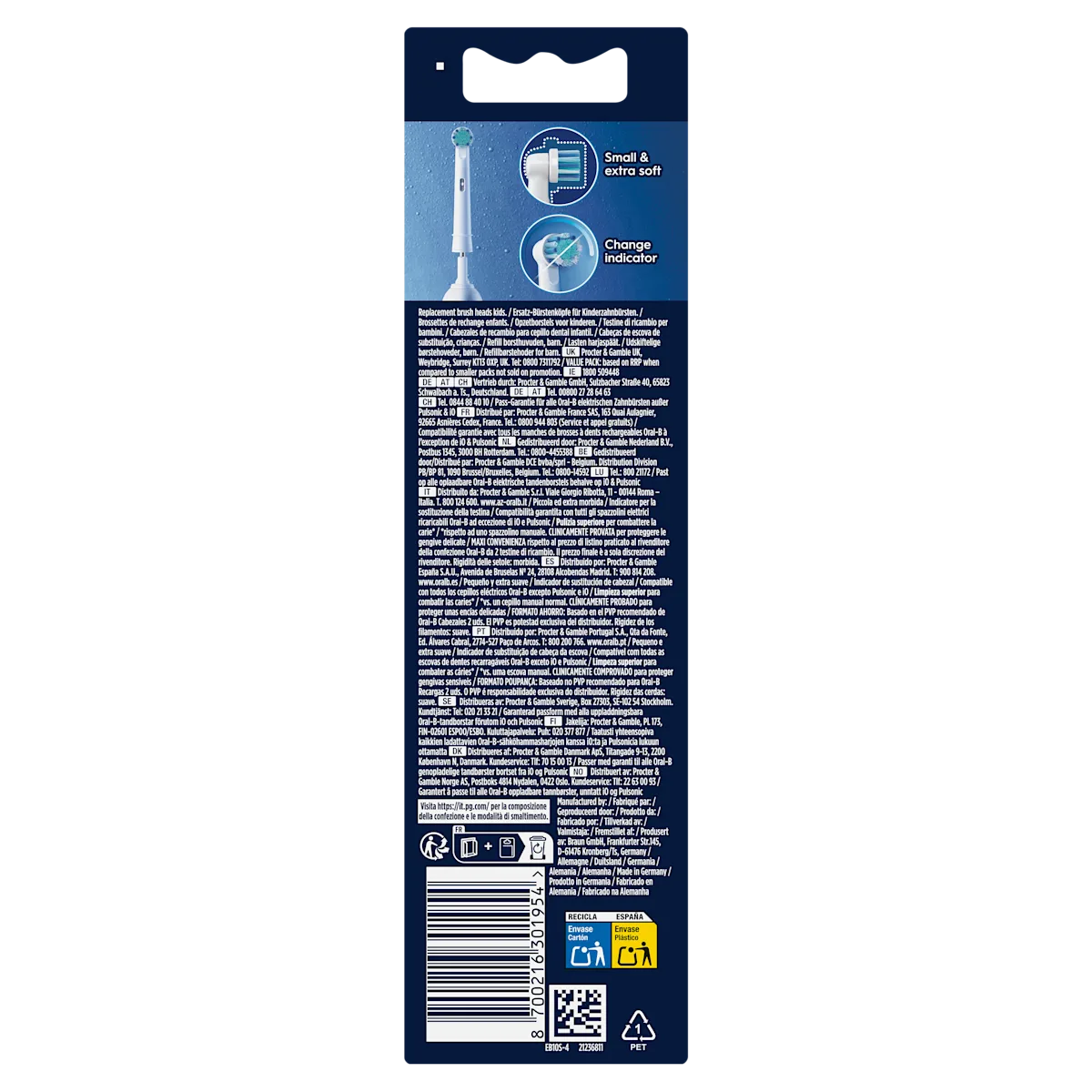 Oral-B têtes de brosse de remplacement pour enfants, soulignant les poils "Small & extra soft" et l'indicateur de changement de couleur.
