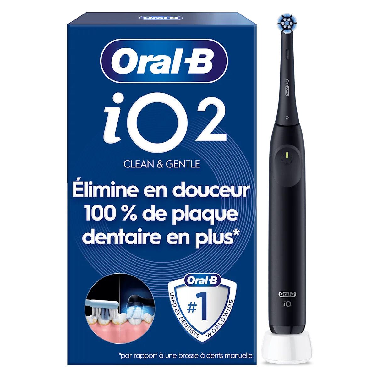 Brosse à dents électrique Oral-B iO2 et son emballage, élimine 100 % de plaque dentaire en plus.