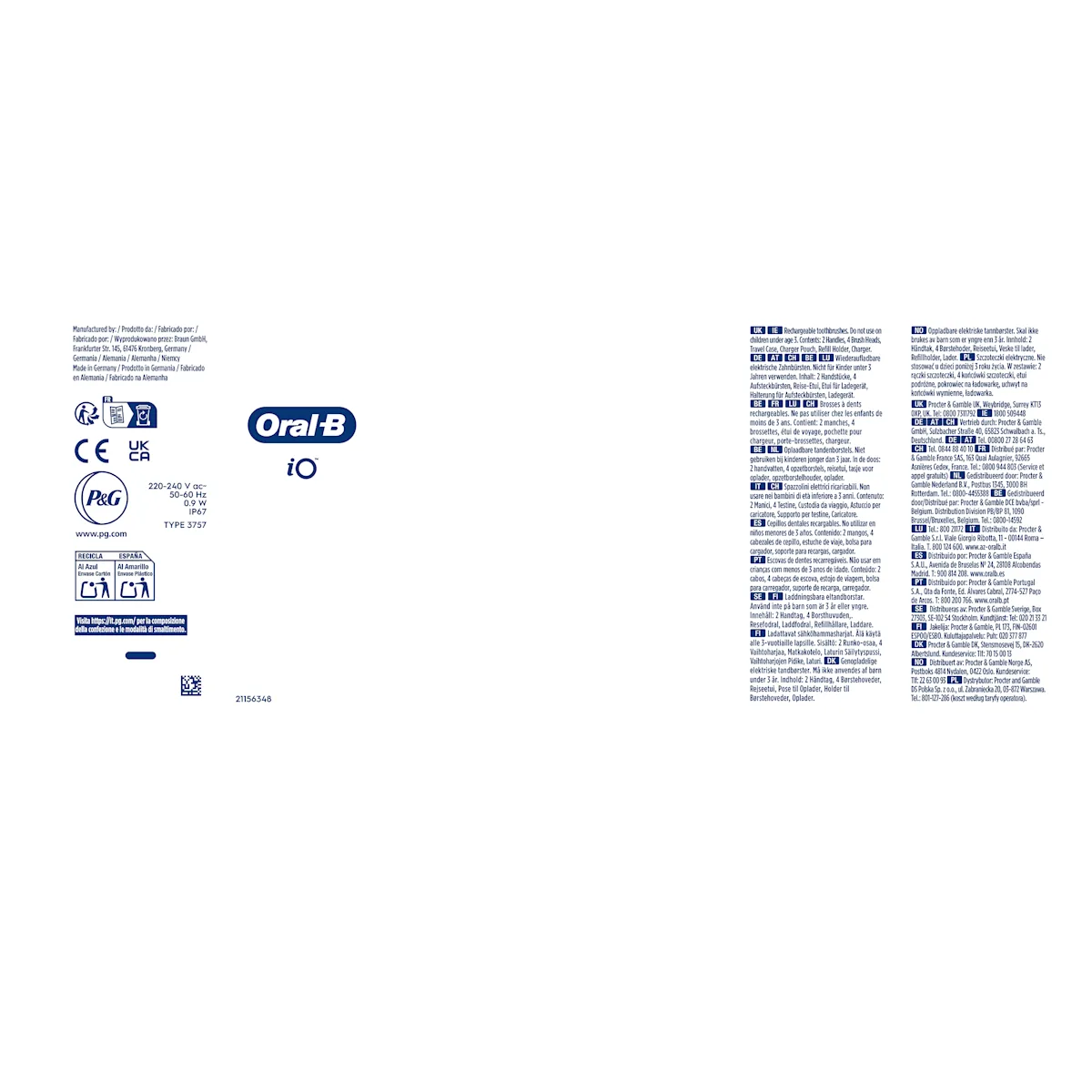 Oral-B iO, emballage indiquant le contenu : 2 manches, 4 brossettes, étui de voyage, pochette pour chargeur, porte-brossettes, chargeur.