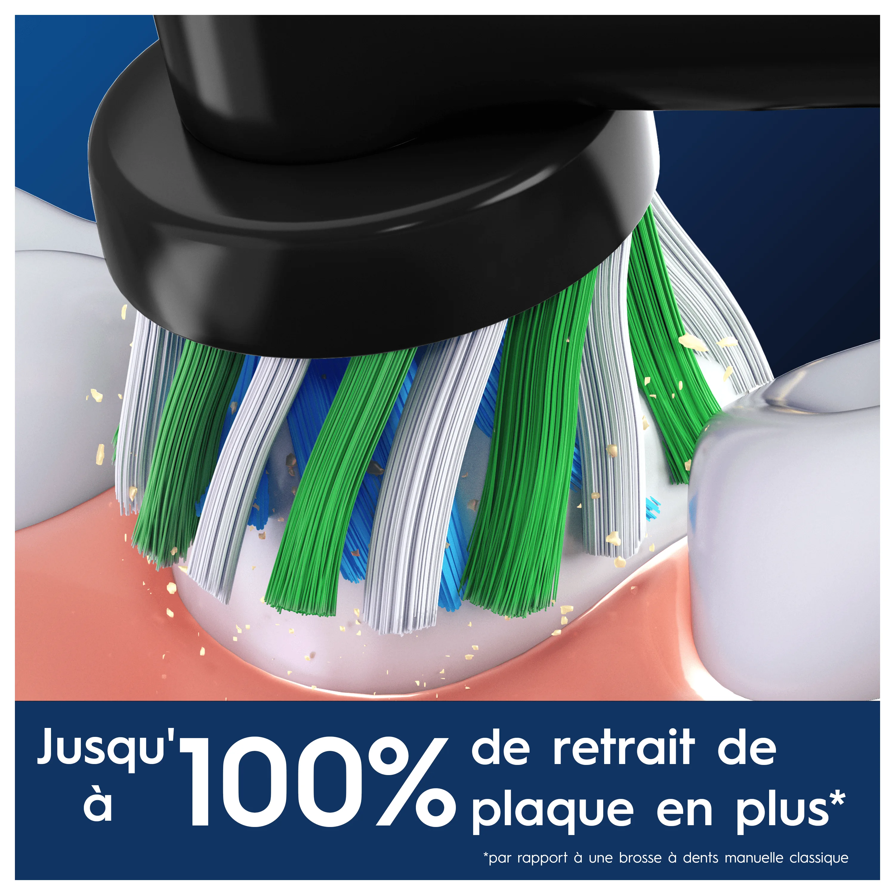 La brosse à dents Oral-B élimine jusqu'à 100% de plaque en plus, comme le montre la scène de nettoyage des dents.