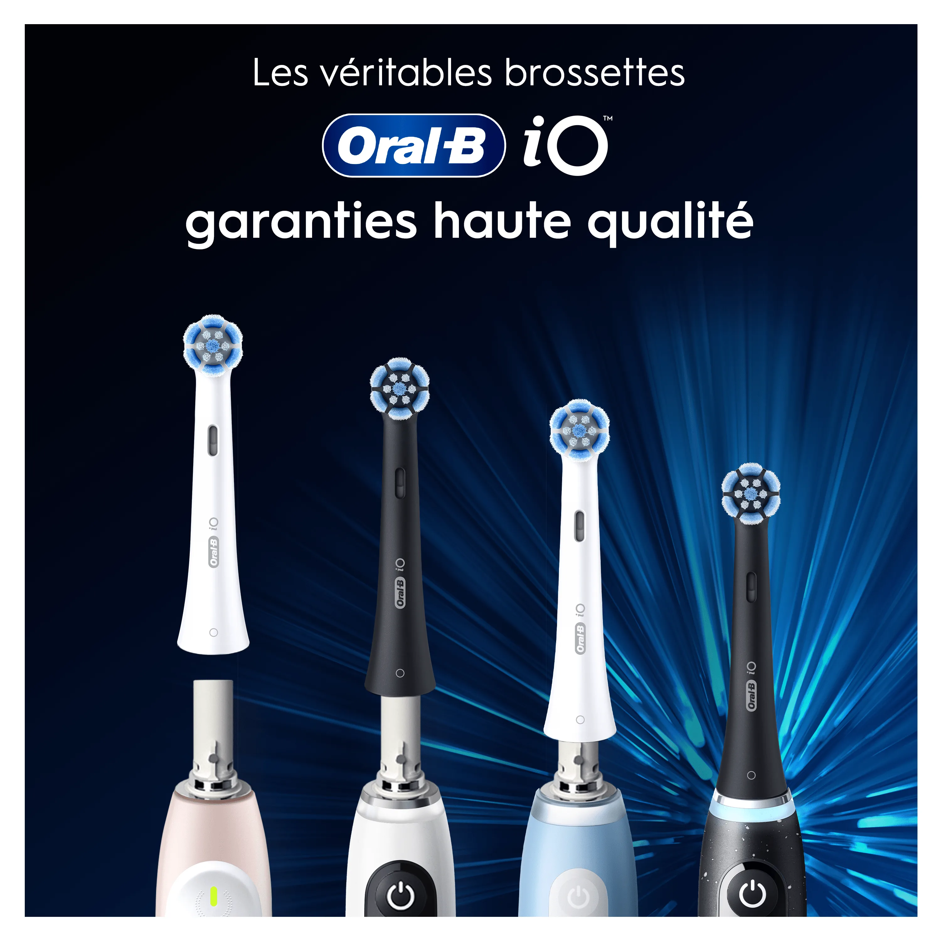 Les brossettes Oral-B iO garantissent une haute qualité, montrées avec différents manches de brosse à dents électriques.