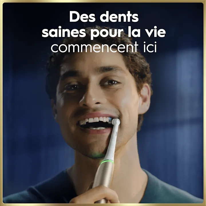 Oral-B: Homme souriant se brossant les dents, promettant des dents saines pour la vie.