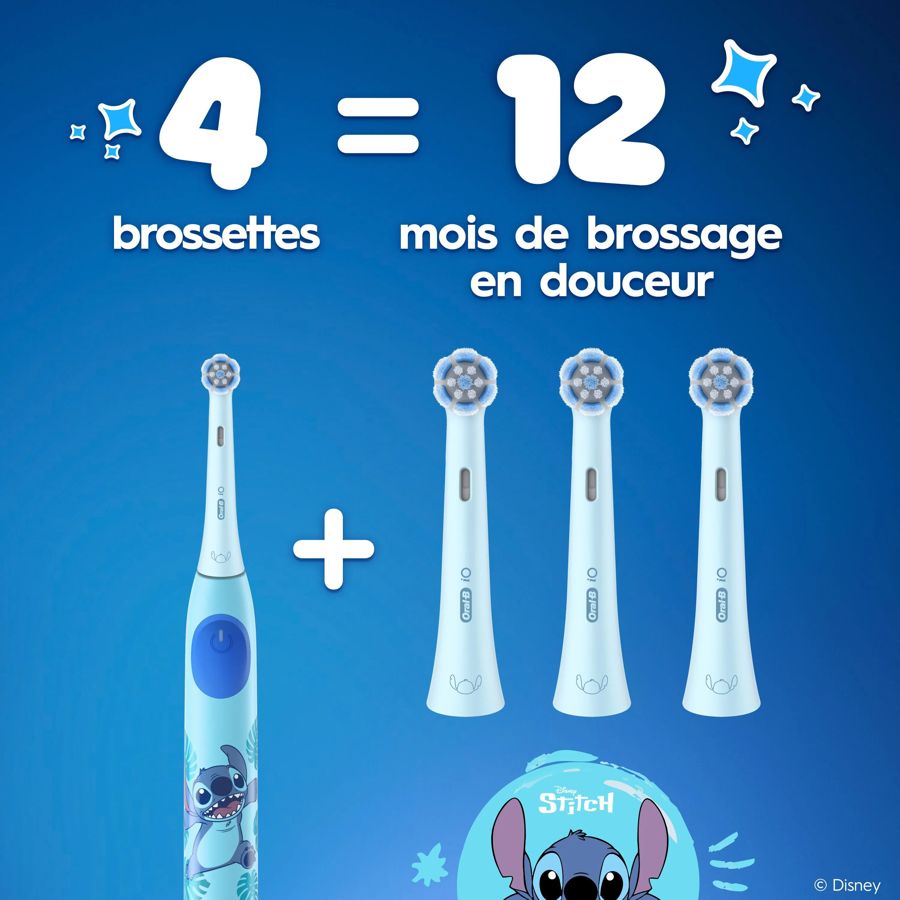 Manche avec brossette + 3 brosses à dents sur le côté et Stitch dans le coin de l’image