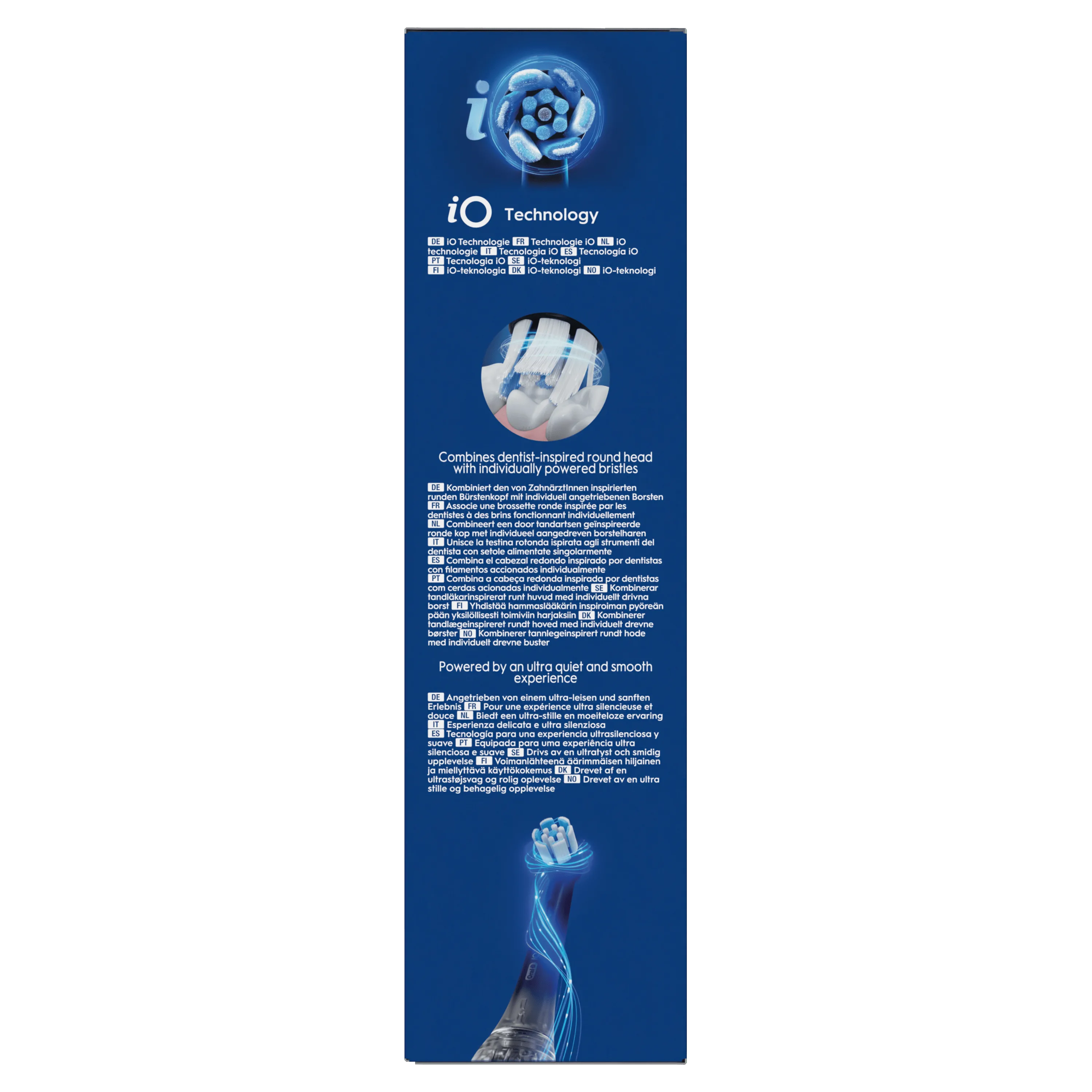 Oral-B iO, mettant en avant sa tête ronde de brossette inspirée par des dentistes avec des brins à entraînement individuel.
