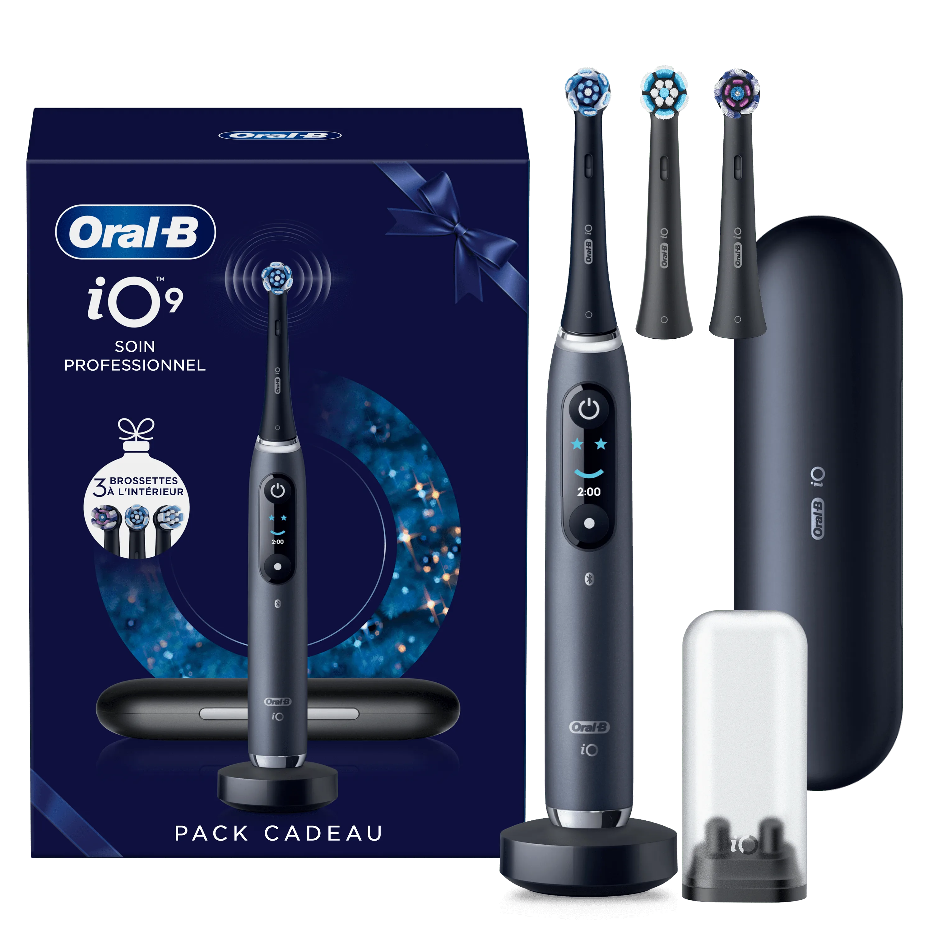Oral-B iO 9 coffret cadeau avec 3 têtes de brosse, étui de voyage et chargeur.
