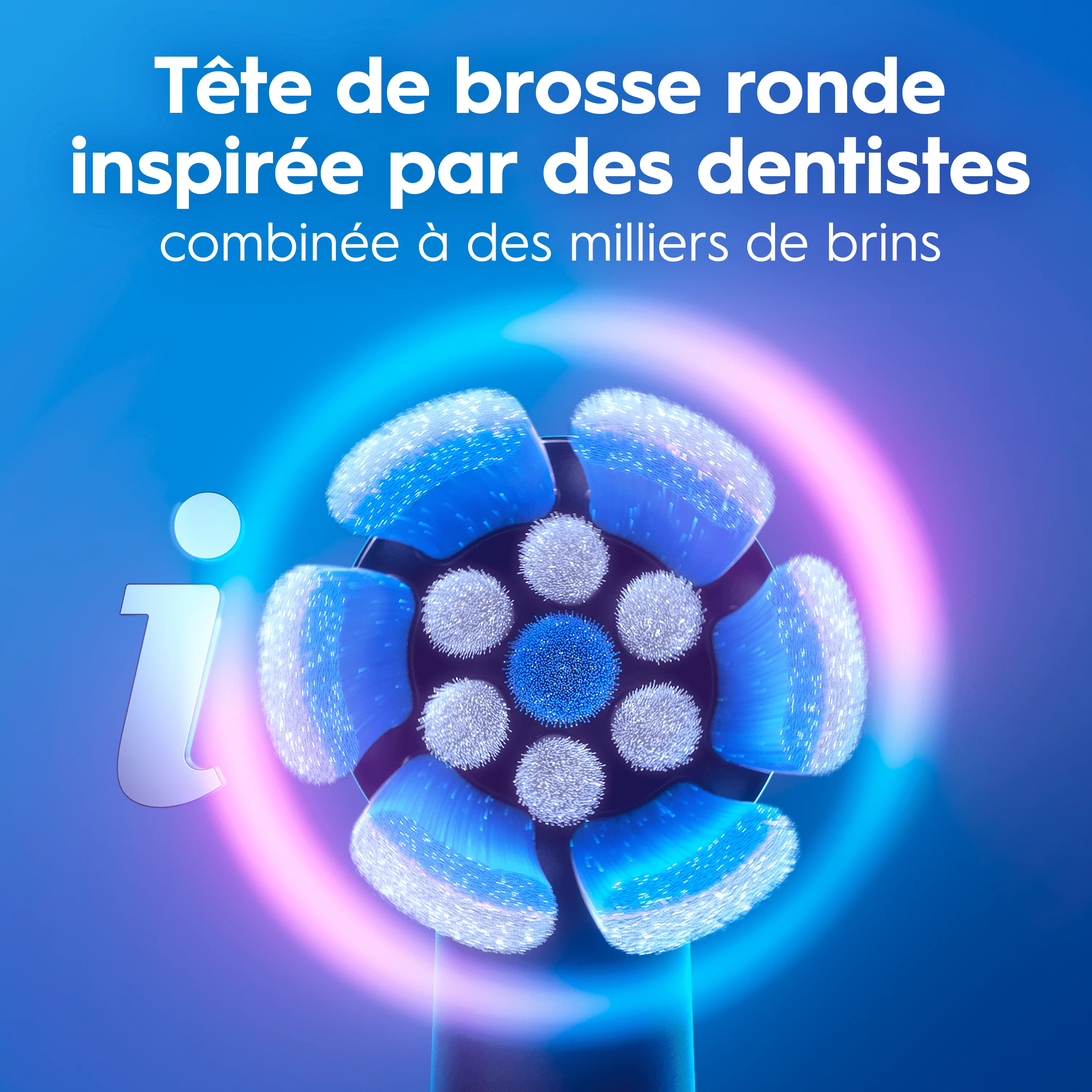 Tête de brosse à dents ronde vue de face avec plusieurs touffes de poils bleus et blancs disposées en cercle sur fond bleu, éclairage rose.