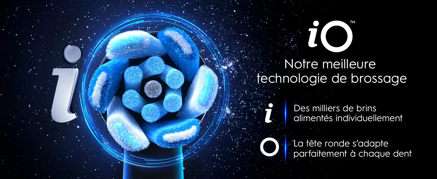 Tête de brosse à dents électrique iO bleue sur fond étoilé avec description de la technologie 