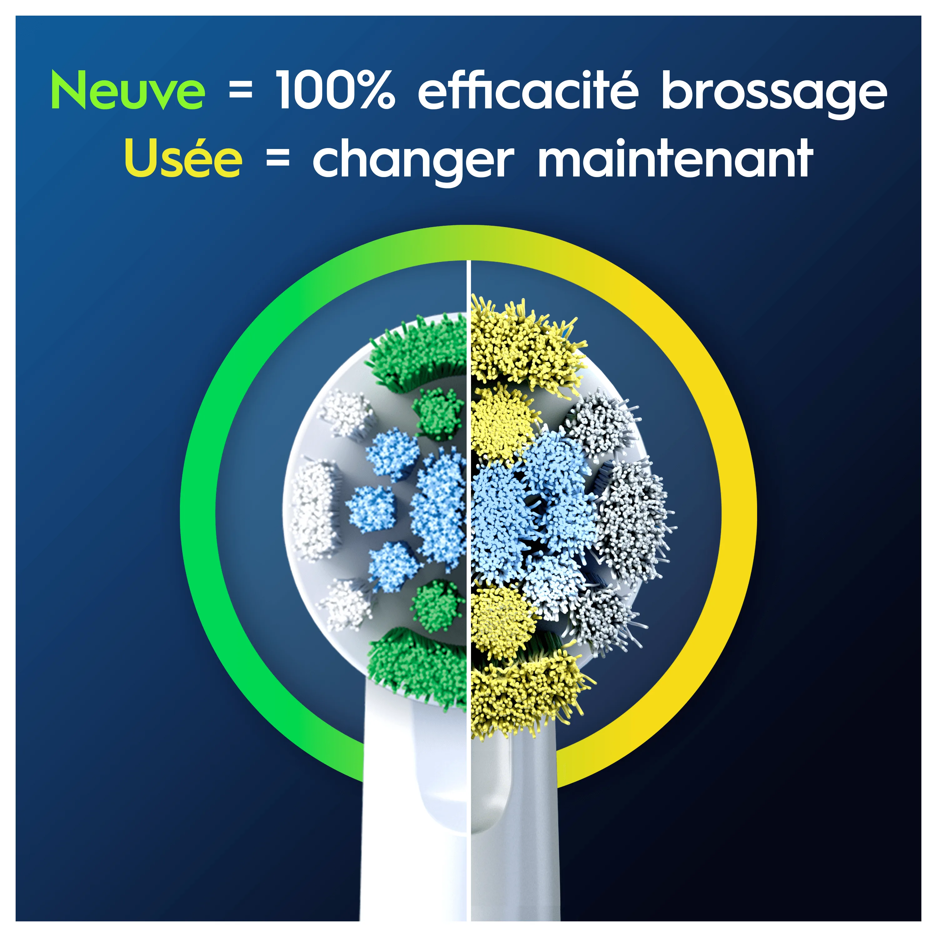 Brossette Oral-B : neuve (100% efficace) vs. usée (à remplacer).