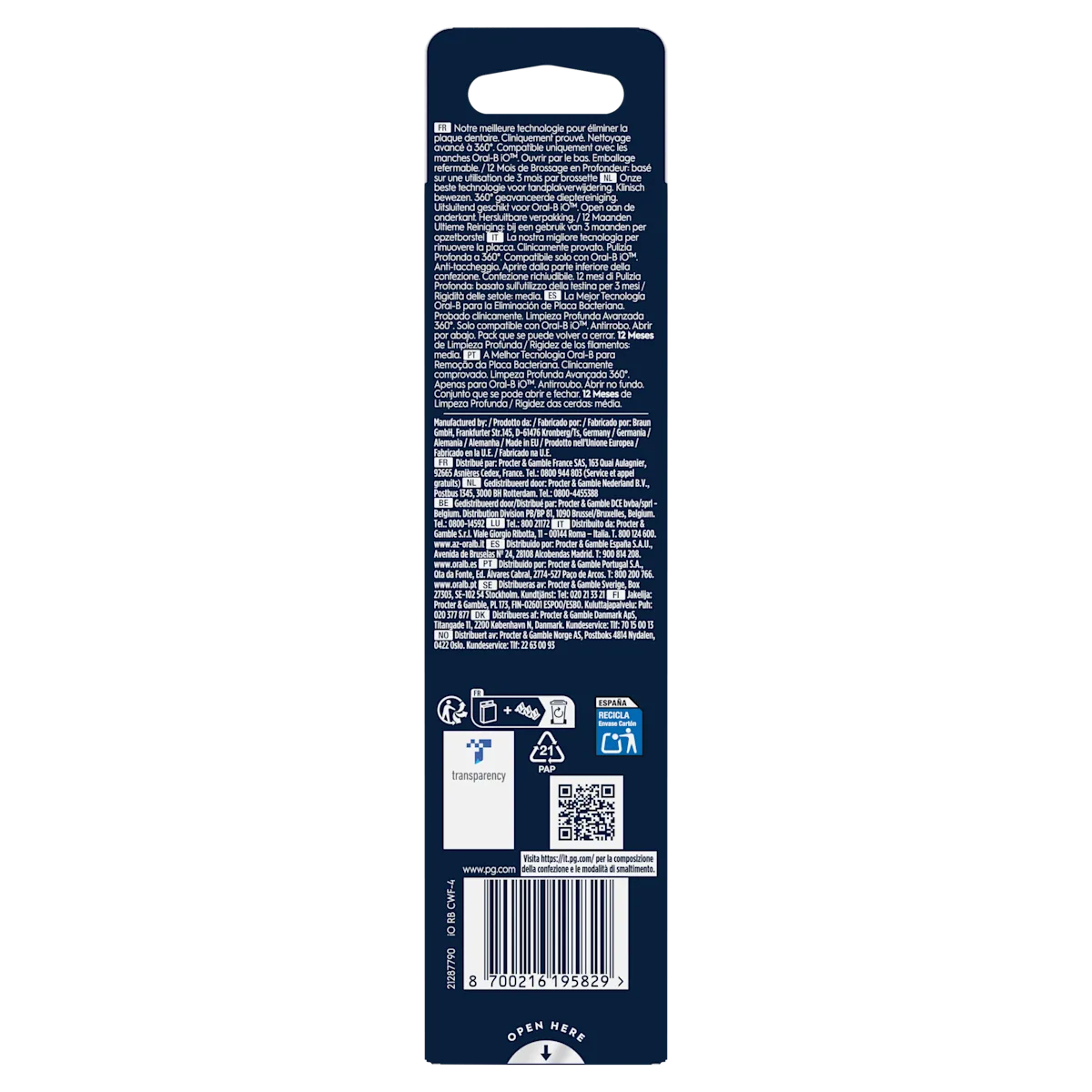 Oral-B iO, emballage refermable indiquant 12 mois de brossage en profondeur, basé sur une utilisation de 3 mois par brossette.