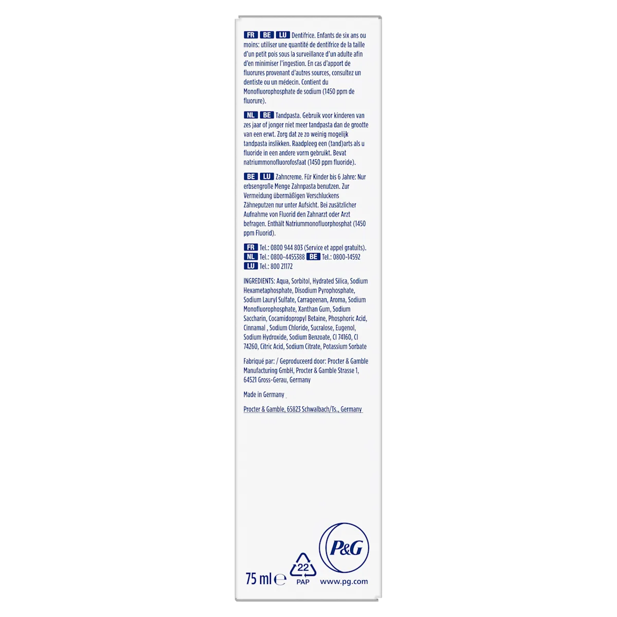Oral-B dentifrice pour enfants, contenant du monofluorophosphate de sodium (1450 ppm de fluorure).