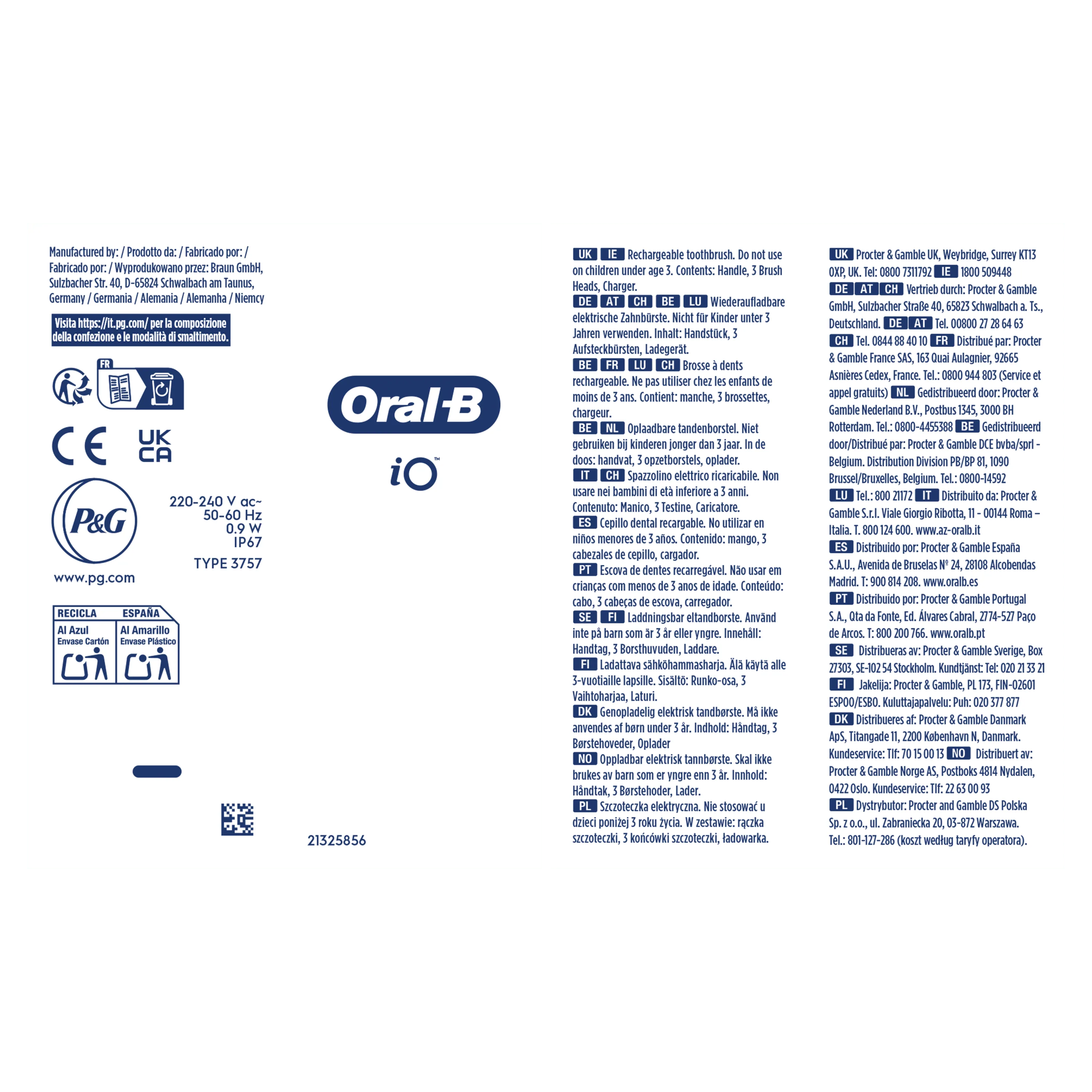 Emballage de brosse à dents rechargeable Oral-B iO, détaillant son contenu: un manche, 3 brossettes et un chargeur.