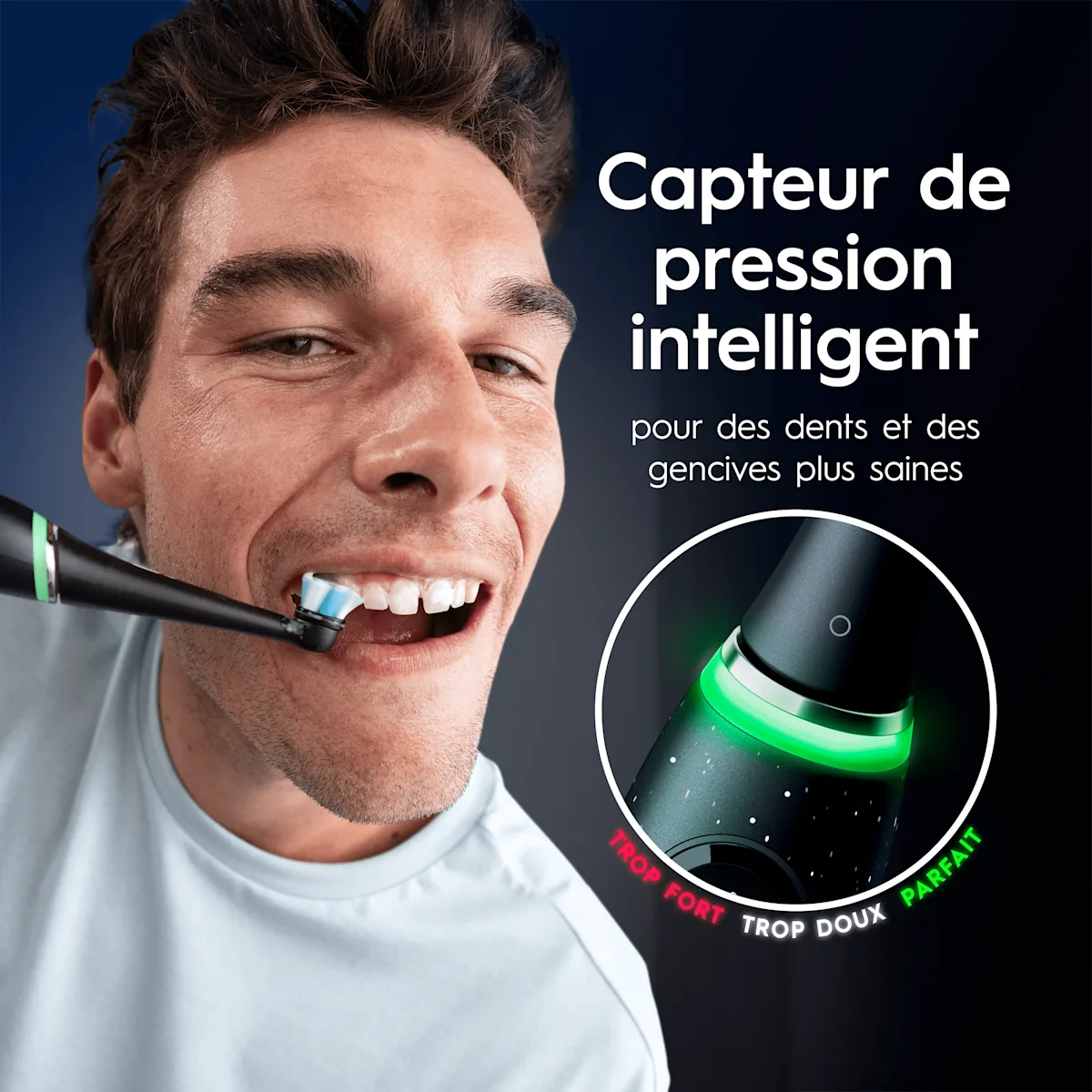 Gros plan d'un homme se brossant les dents avec une brosse à dents Oral-B iO dotée d'un capteur de pression intelligent qui s'allume en vert pour indiquer la pression parfaite pour des dents et des gencives saines.
