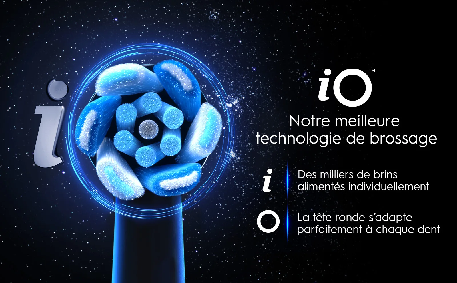 Tête de brosse à dents iO avec brins bleus, technologie avancée pour un brossage optimal