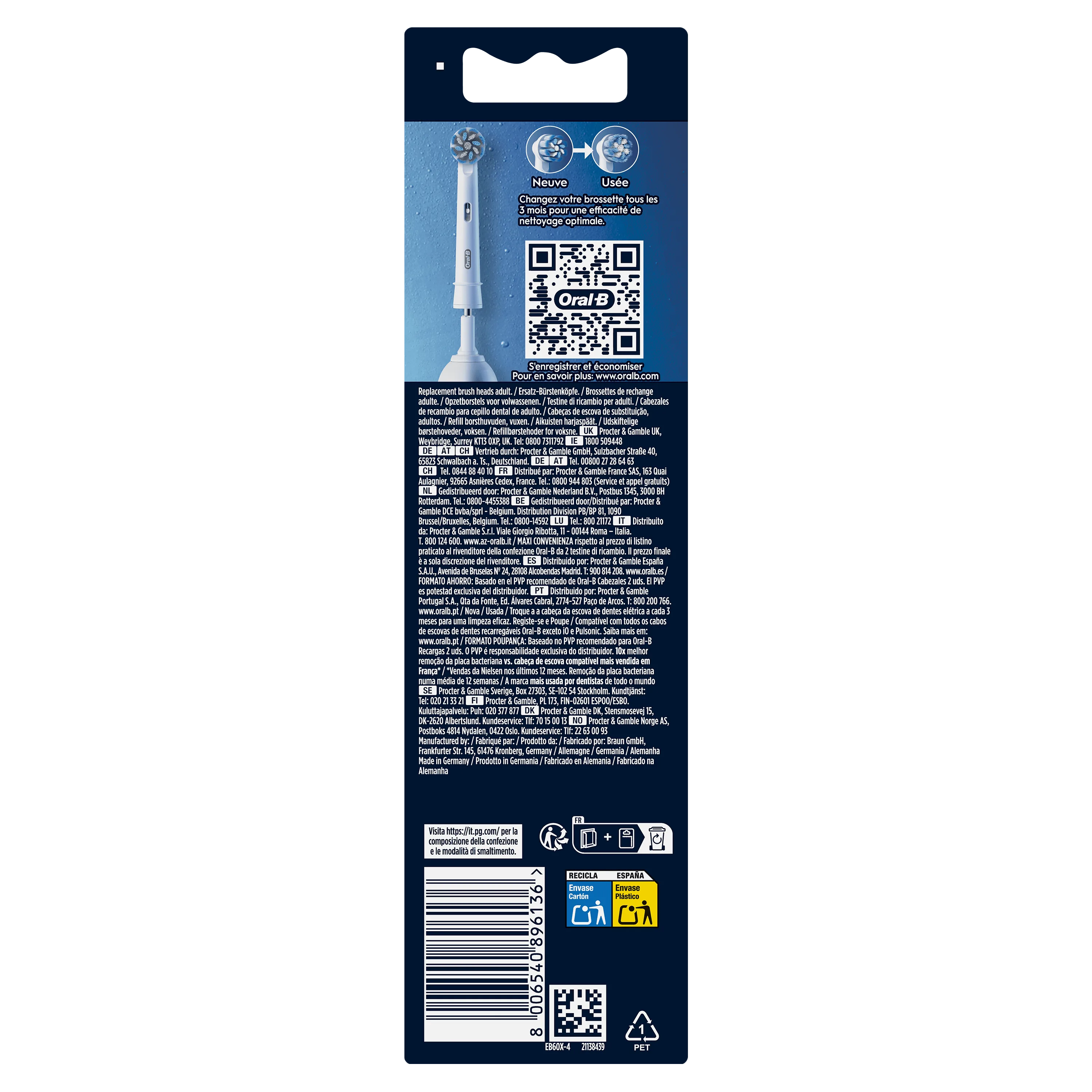 Oral-B, emballage de brossettes de rechange, indiquant de changer votre brossette tous les 3 mois pour une efficacité optimale.