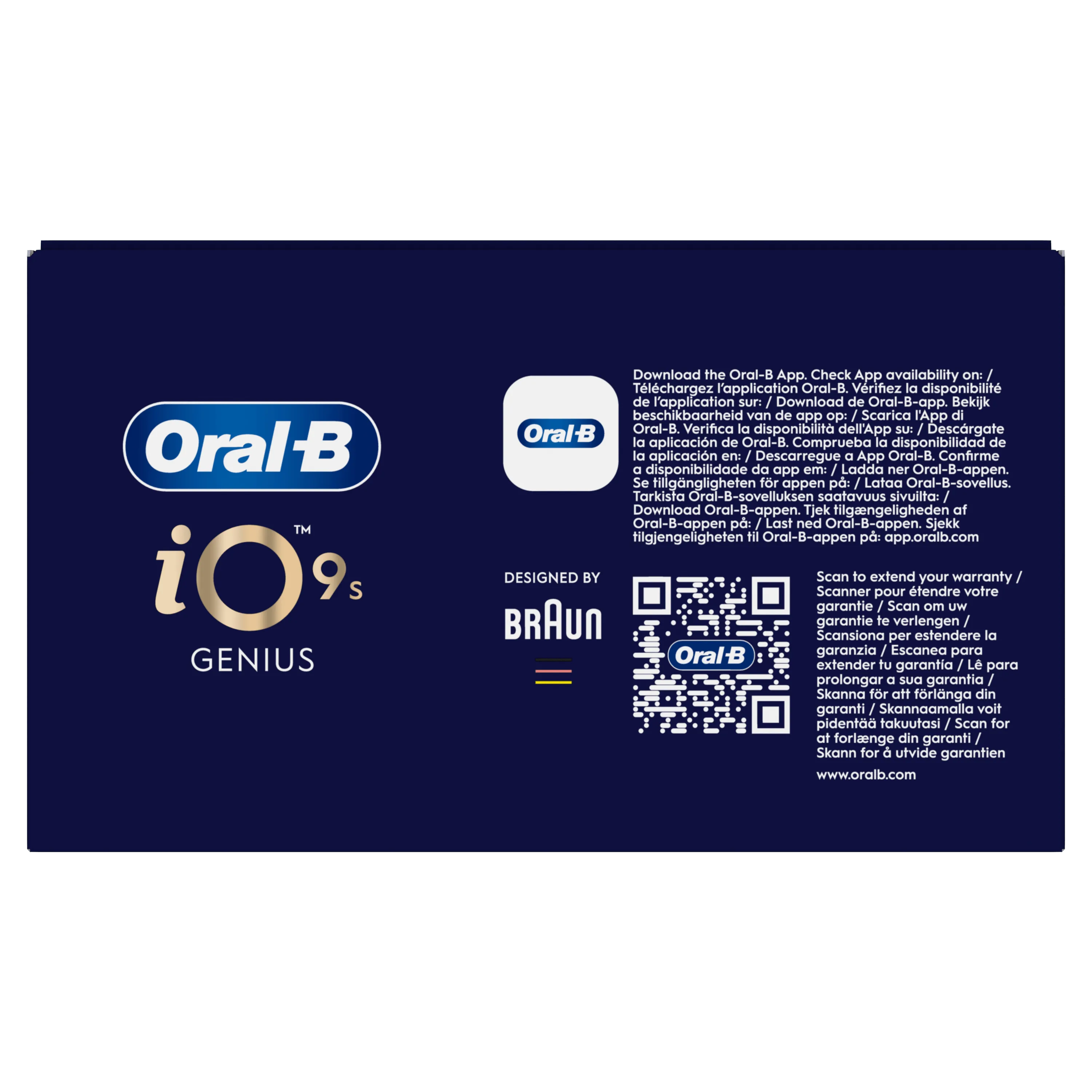 Oral-B iO9s GENIUS, emballage présentant l’application Oral-B et l’option d’extension de garantie par QR code.