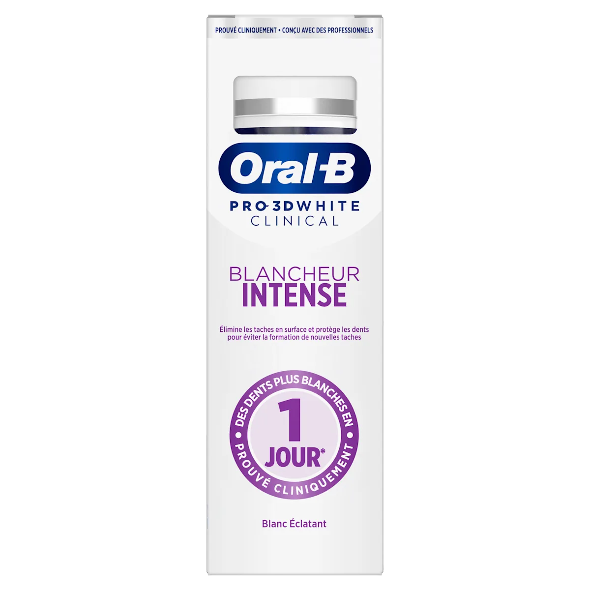 Oral-B Pro-3D White Clinical, emballage mettant en avant une blancheur intense et des dents plus blanches en 1 jour.