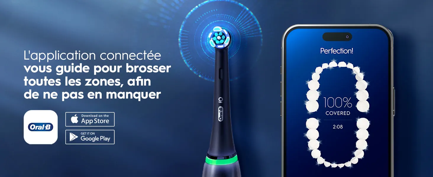 Brosse à dents Oral-B connectée et application mobile montrant le suivi du brossage à 100%