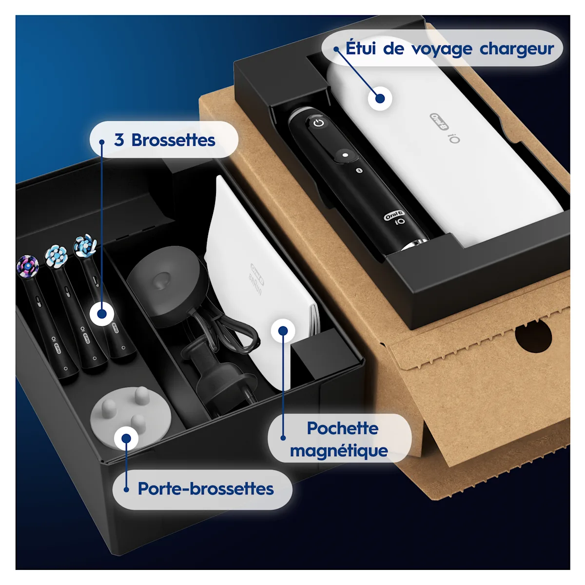 Le kit Oral-B iO comprend trois têtes de brosse, un étui de voyage avec chargeur et une pochette magnétique pour ranger la brosse à dents.