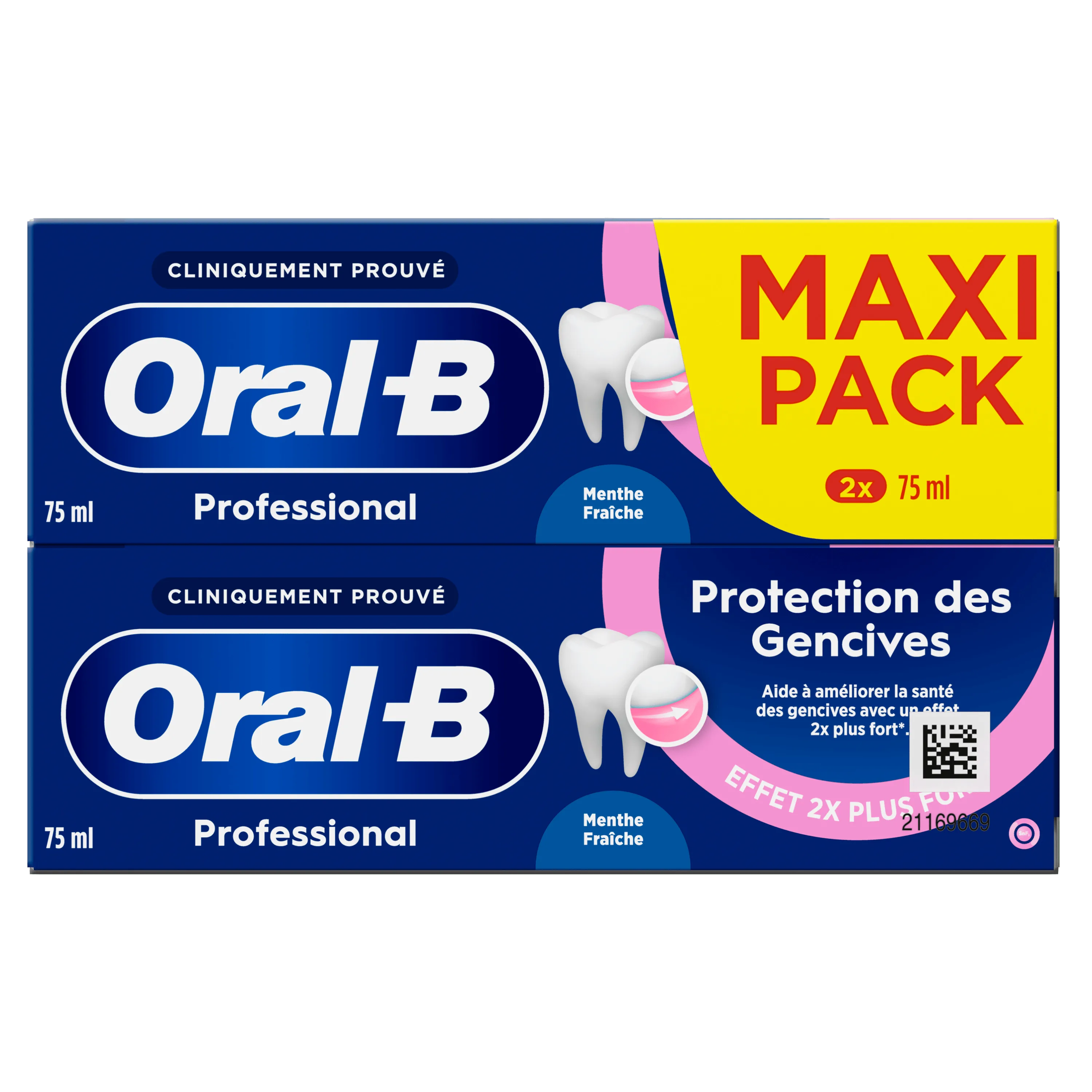 Oral-B Professional, pack de deux tubes de 75ml, l'un en maxi pack et l'autre pour la protection des gencives, effet 2x plus fort.