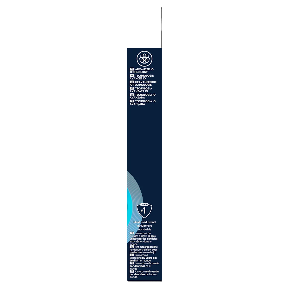 Oral-B emballage mettant en évidence la Technologie IO Avancée et le fait d être la marque la plus utilisée par les dentistes.