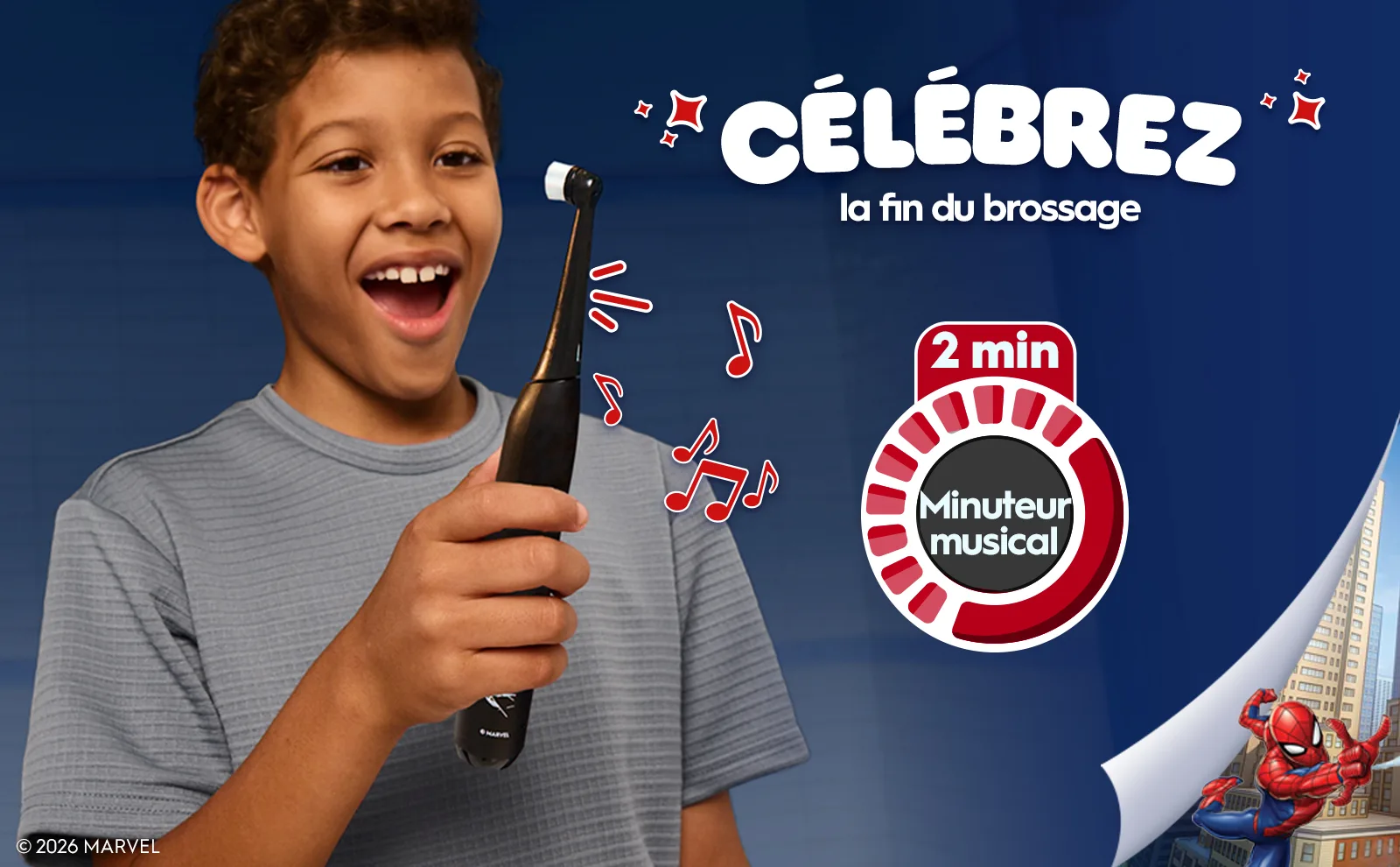 Enfant souriant avec une brosse à dents iO Kids 6+. Notes musicales indiquent le minuteur de 2 min. 