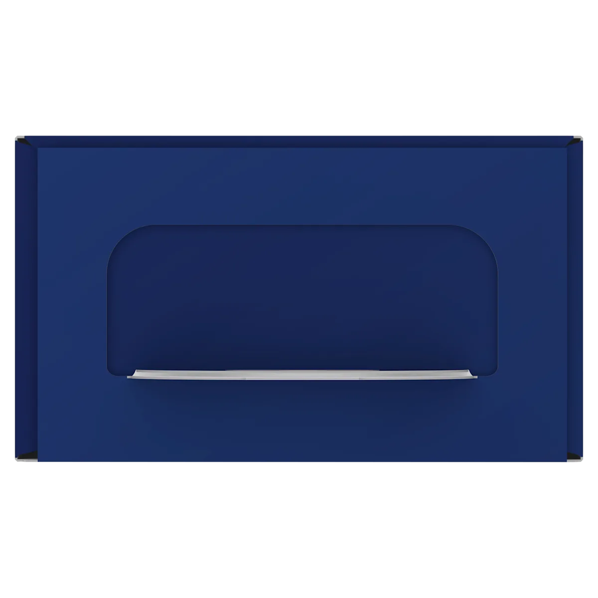 Boîte bleue avec une fenêtre découpée pour voir le contenu.