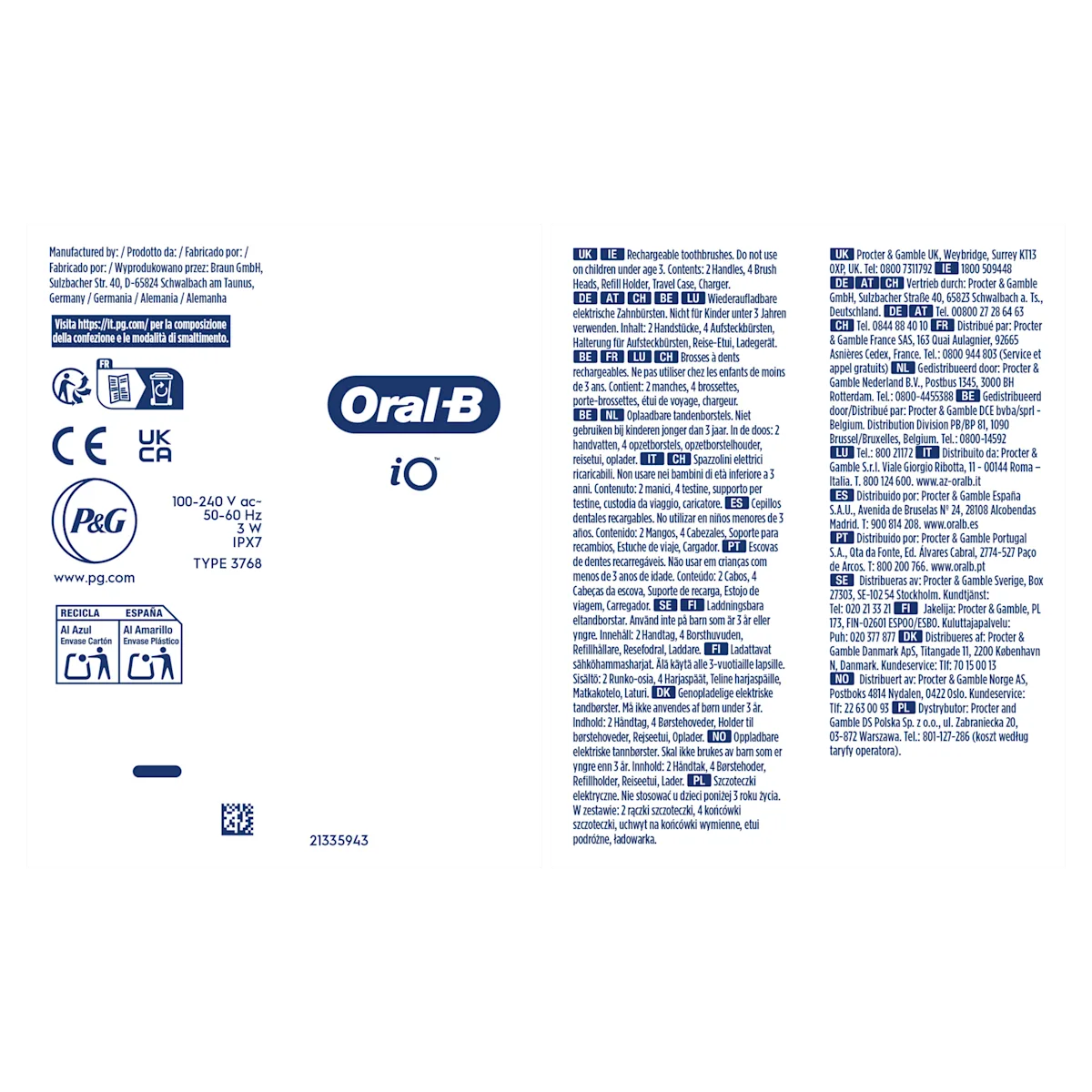 Brosse à dents Oral-B iO dans son emballage, détaillant 2 manches, 4 brossettes et un étui de voyage inclus.