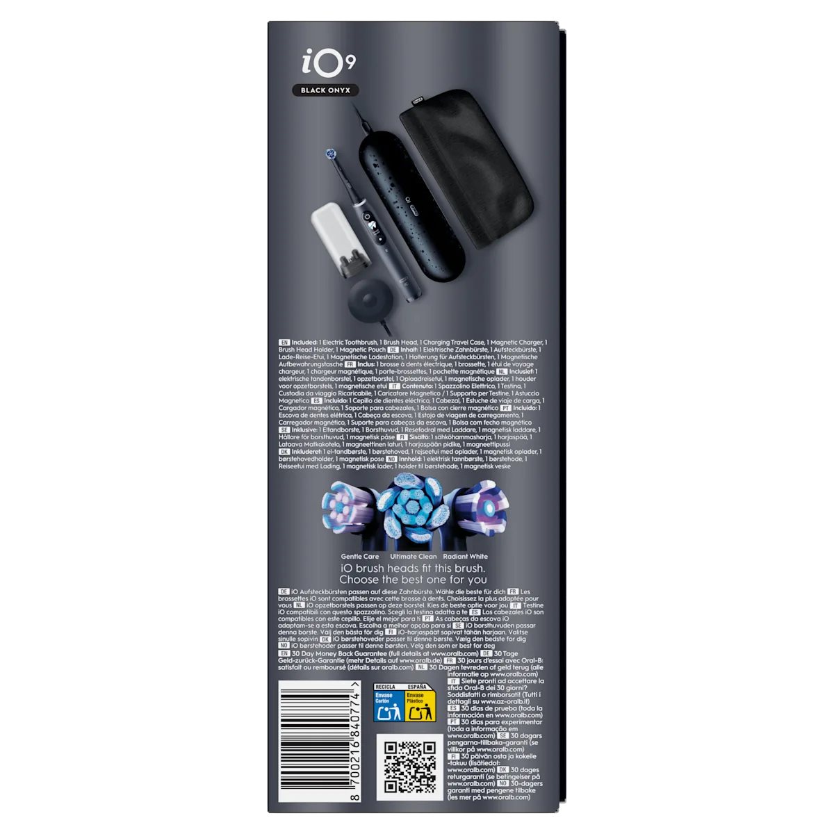 Oral-B iO9 Black Onyx avec étui de voyage et brossettes.