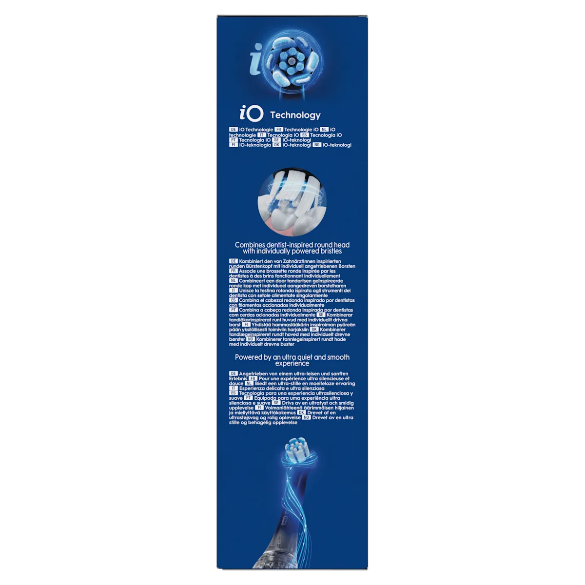 Oral-B iO, emballage mettant en avant une tête de brossette ronde inspirée des dentistes avec des brins à entraînement individuel.