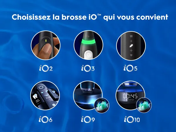 Différents modèles de brosses à dents iO (iO2 à iO10) à choisir sur fond bleu.
