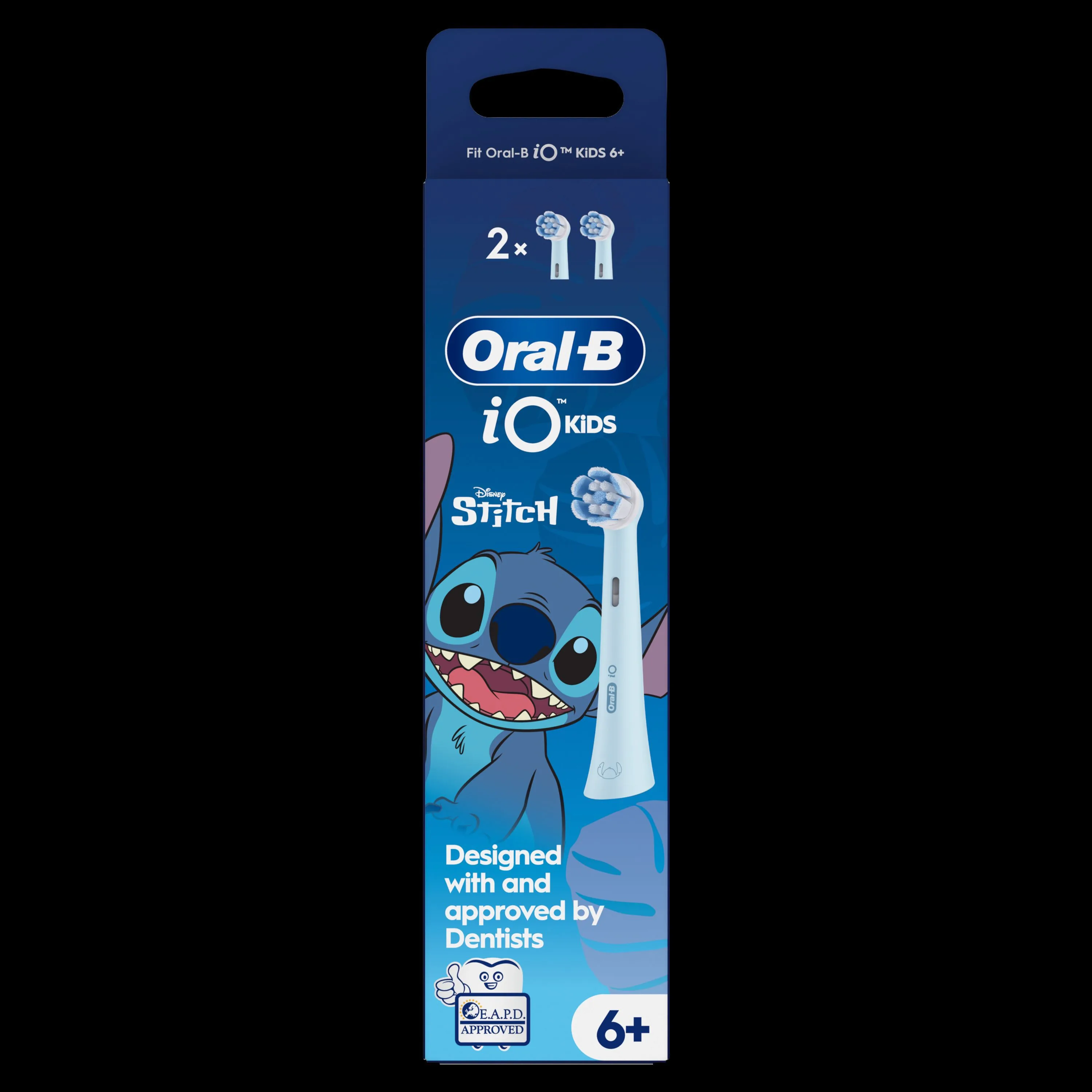 Oral-B iO Kids Disney Stitch -vaihtoharjaspakkaus, jossa kaksi harjaspäätä ja merkintä "hammaslääkärien suunnittelema ja hyväksymä".