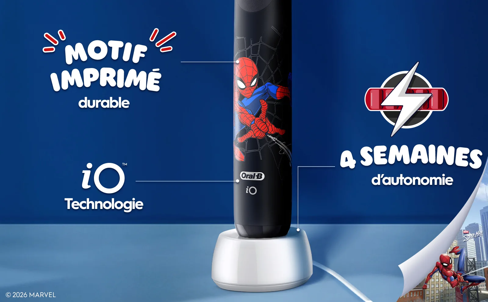Partie inférieure du manche avec technologie iO -motif Spiderman, chargeur:autonomie de 4 semaines. 