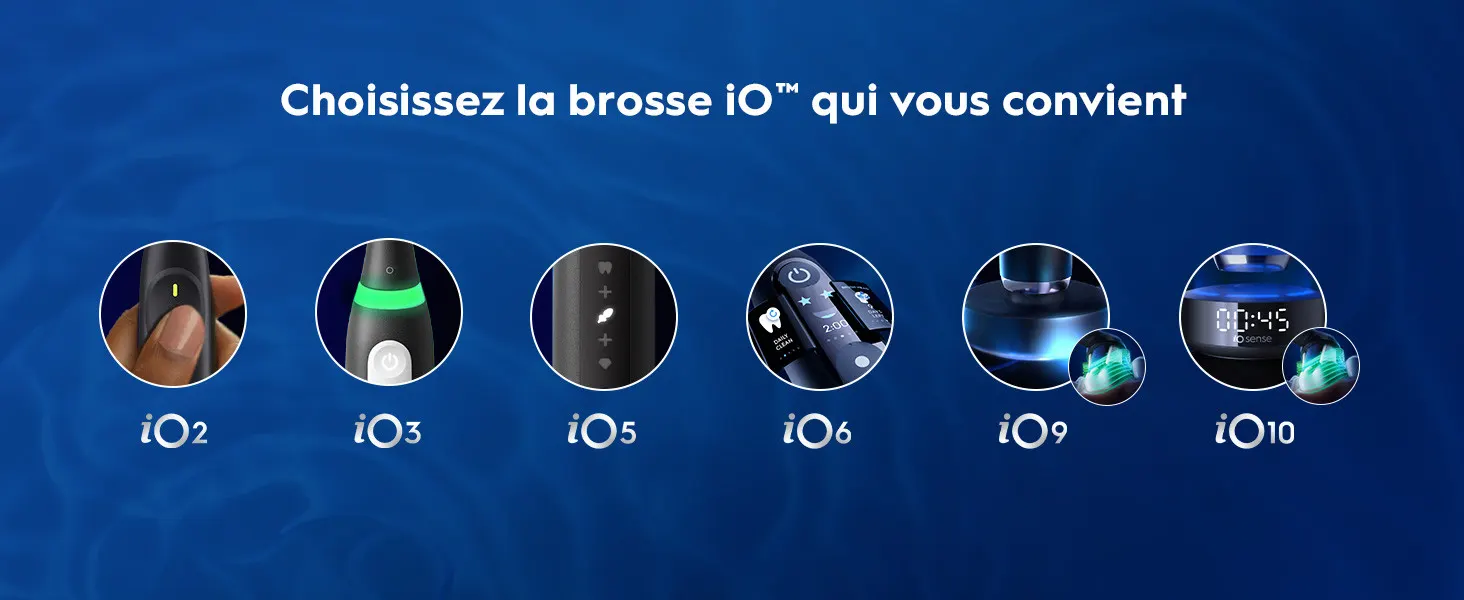 Différents modèles de brosses à dents électriques iO (iO2, iO3, iO5, iO6, iO9, iO10) à comparer